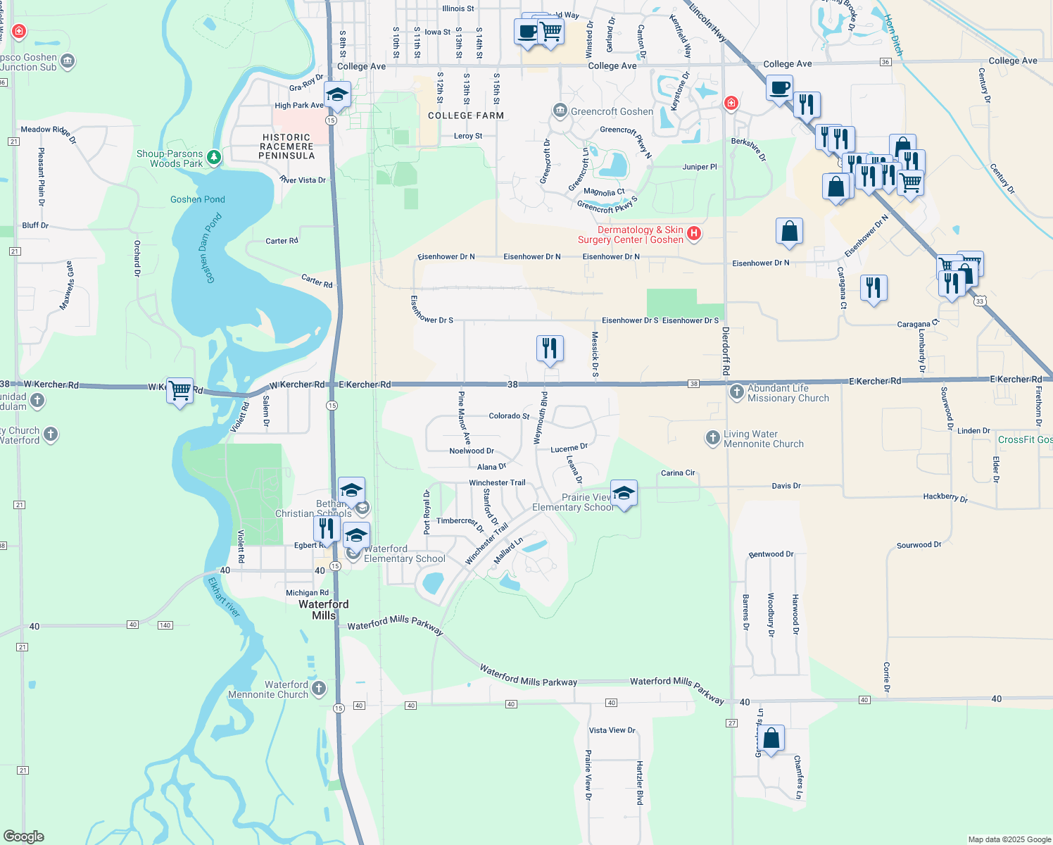map of restaurants, bars, coffee shops, grocery stores, and more near 802 Colorado St in Goshen