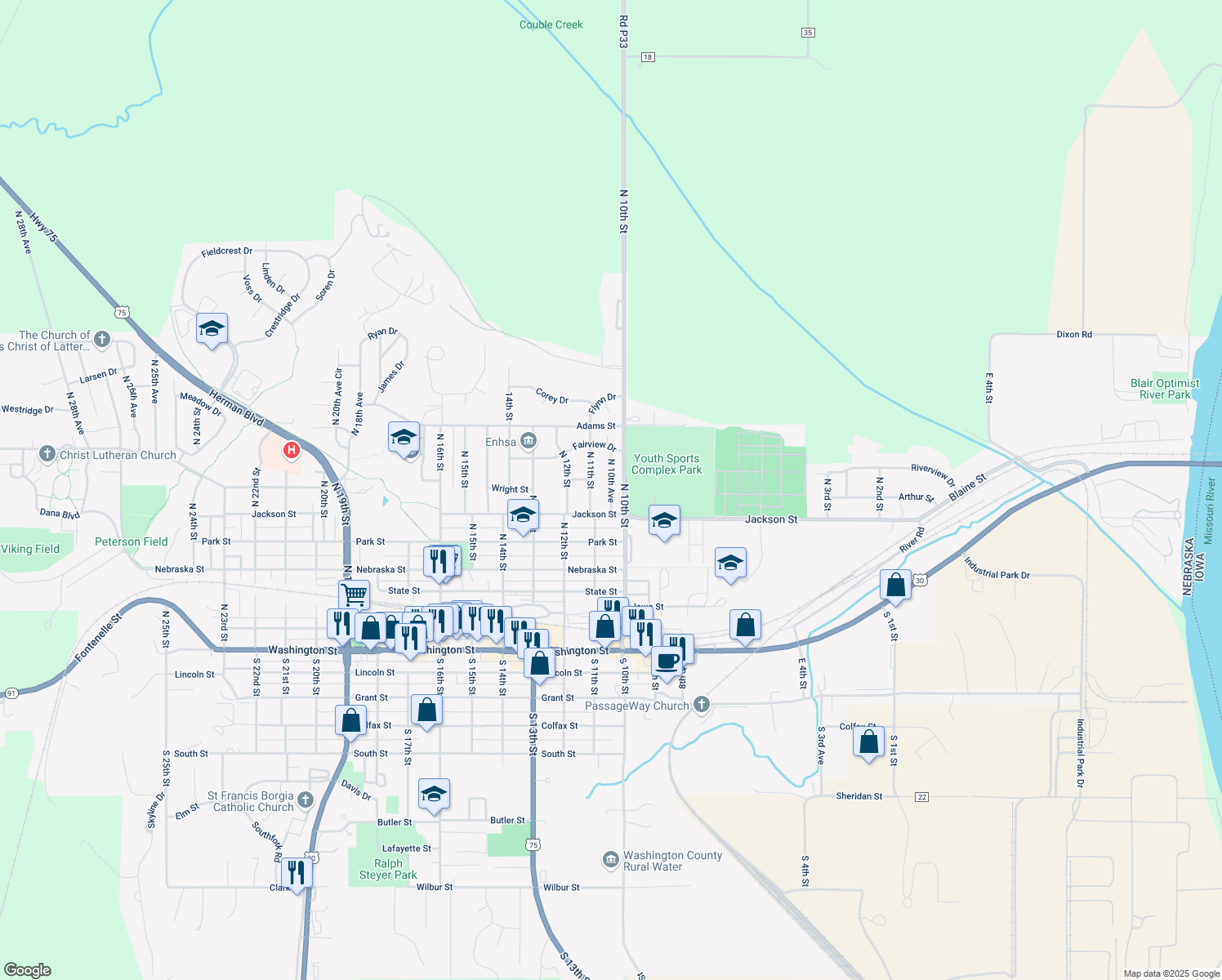 map of restaurants, bars, coffee shops, grocery stores, and more near 653 North 10th Avenue in Blair