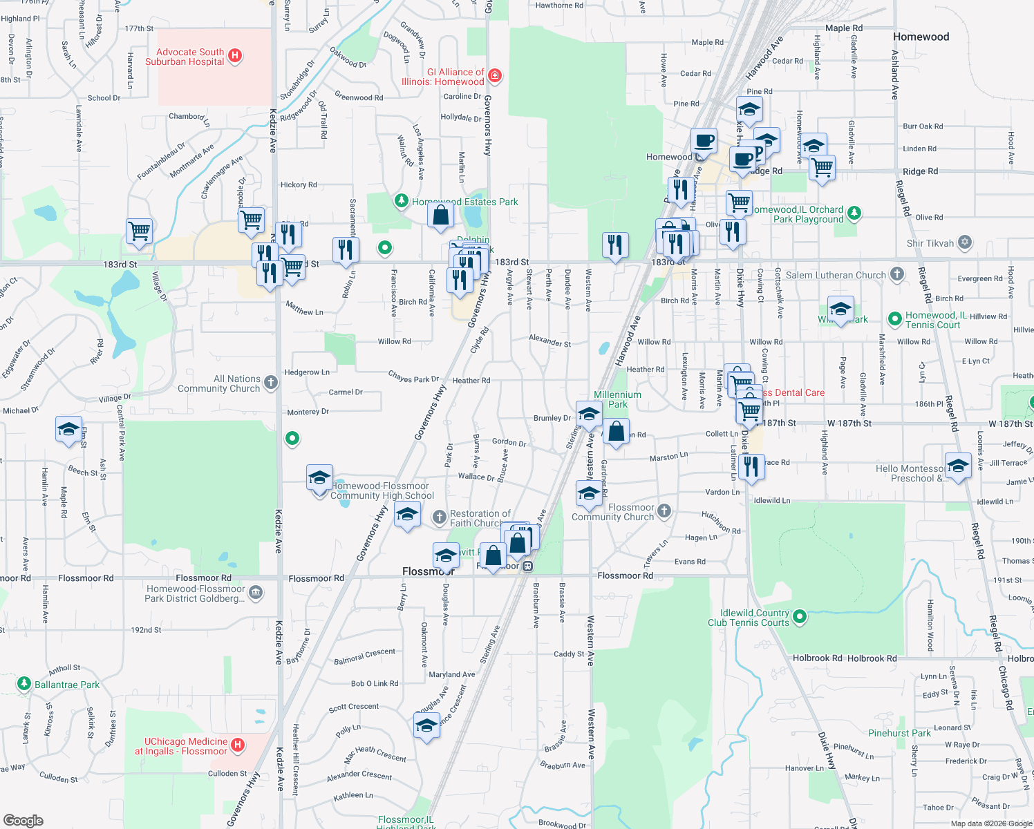 map of restaurants, bars, coffee shops, grocery stores, and more near 646 Argyle Avenue in Flossmoor