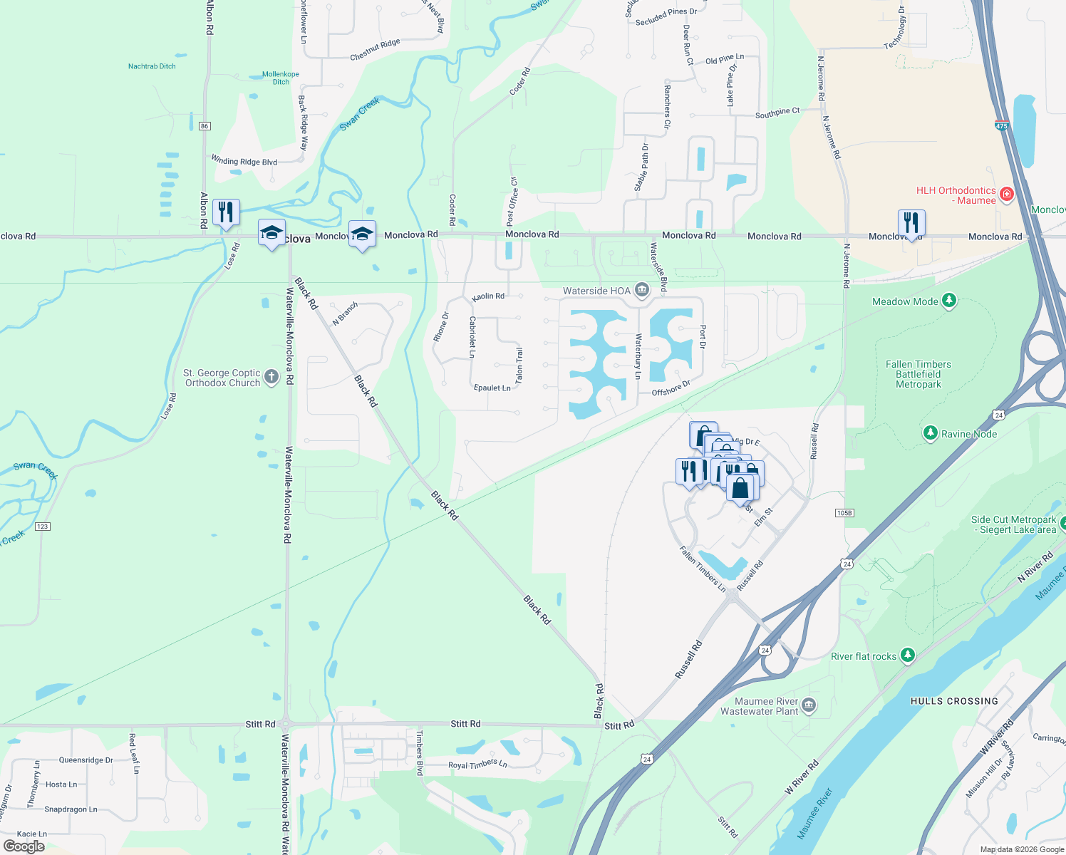 map of restaurants, bars, coffee shops, grocery stores, and more near 5008 Starboard Drive in Maumee