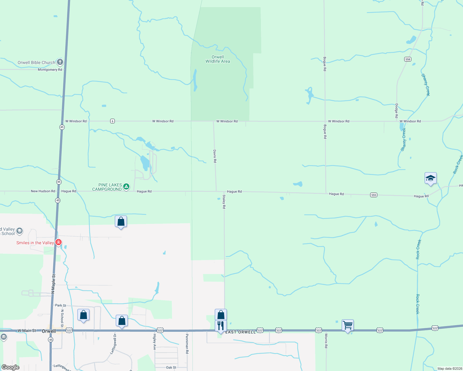 map of restaurants, bars, coffee shops, grocery stores, and more near 2601 Hague Road in Orwell