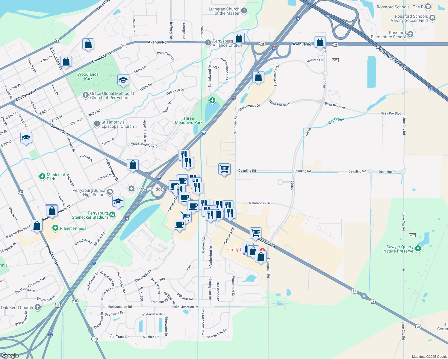 map of restaurants, bars, coffee shops, grocery stores, and more near 10392 Fremont Pike in Perrysburg