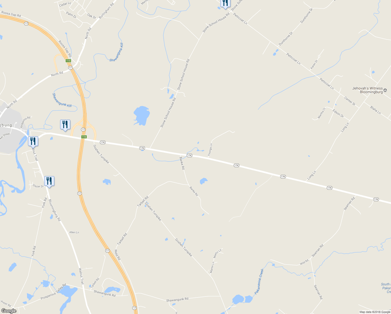 map of restaurants, bars, coffee shops, grocery stores, and more near 319 New York 17K in Bloomingburg