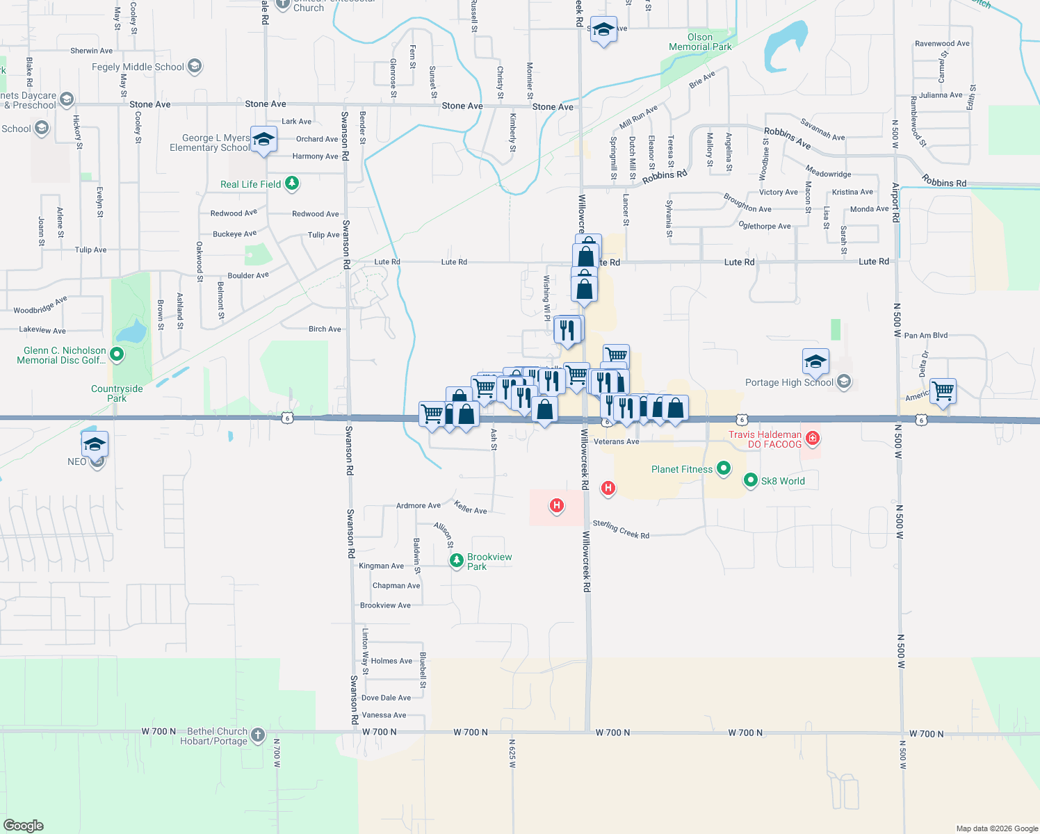 map of restaurants, bars, coffee shops, grocery stores, and more near 5875 37th Avenue in Portage