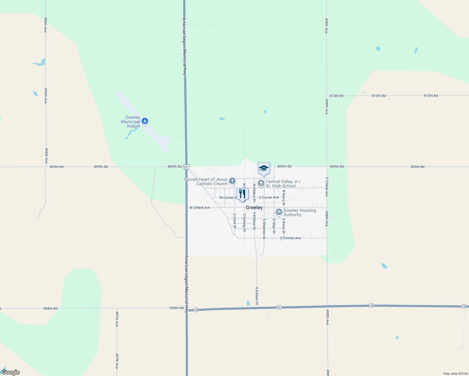 map of restaurants, bars, coffee shops, grocery stores, and more near 203 North Clare Street in Greeley