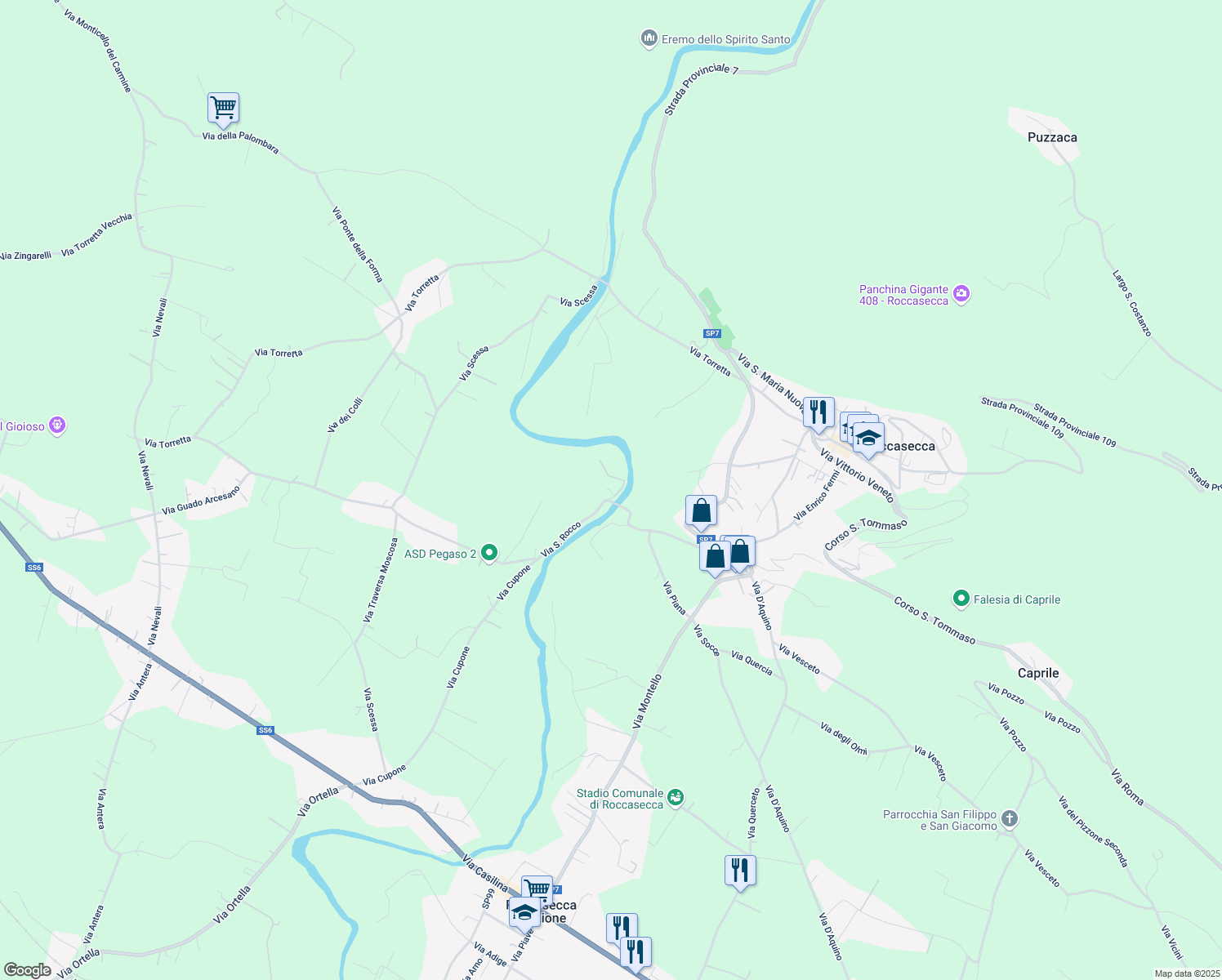 map of restaurants, bars, coffee shops, grocery stores, and more near 6 Via San Rocco in Provincia di Frosinone