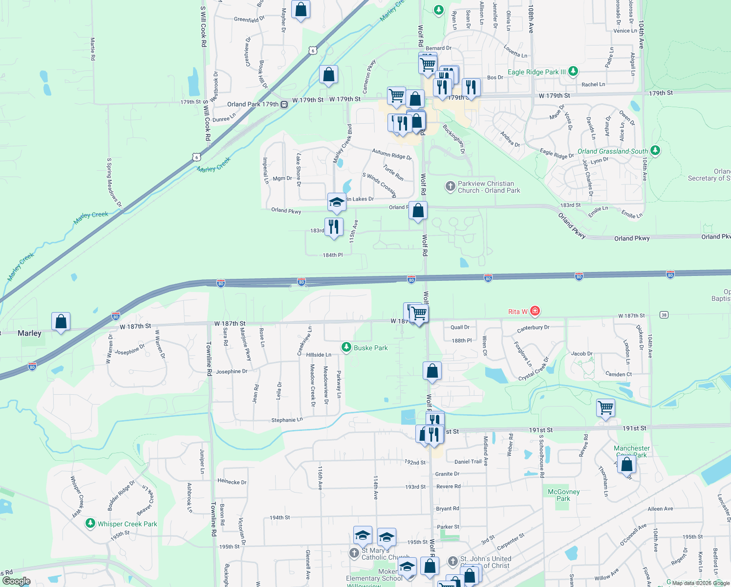 map of restaurants, bars, coffee shops, grocery stores, and more near 11314 Hummingbird Lane in Mokena
