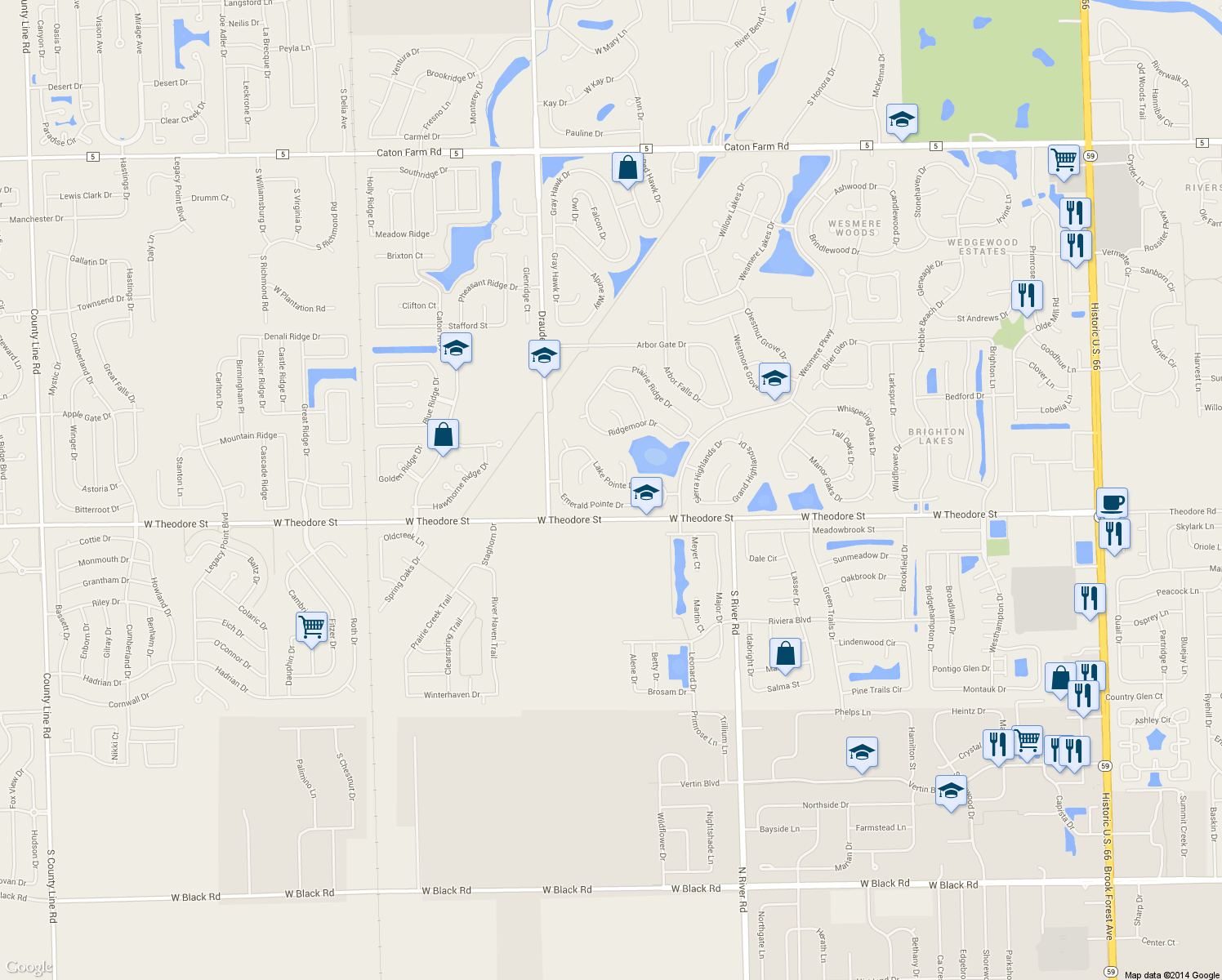 map of restaurants, bars, coffee shops, grocery stores, and more near 5816 Lake Pointe Drive in Plainfield