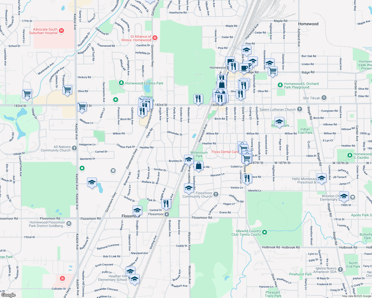 map of restaurants, bars, coffee shops, grocery stores, and more near 2404 Heather Road in Flossmoor