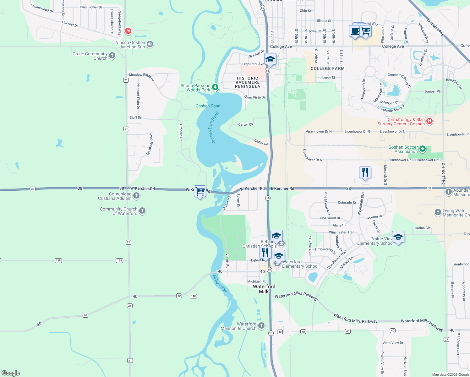 map of restaurants, bars, coffee shops, grocery stores, and more near 305 W Kercher Rd in Goshen