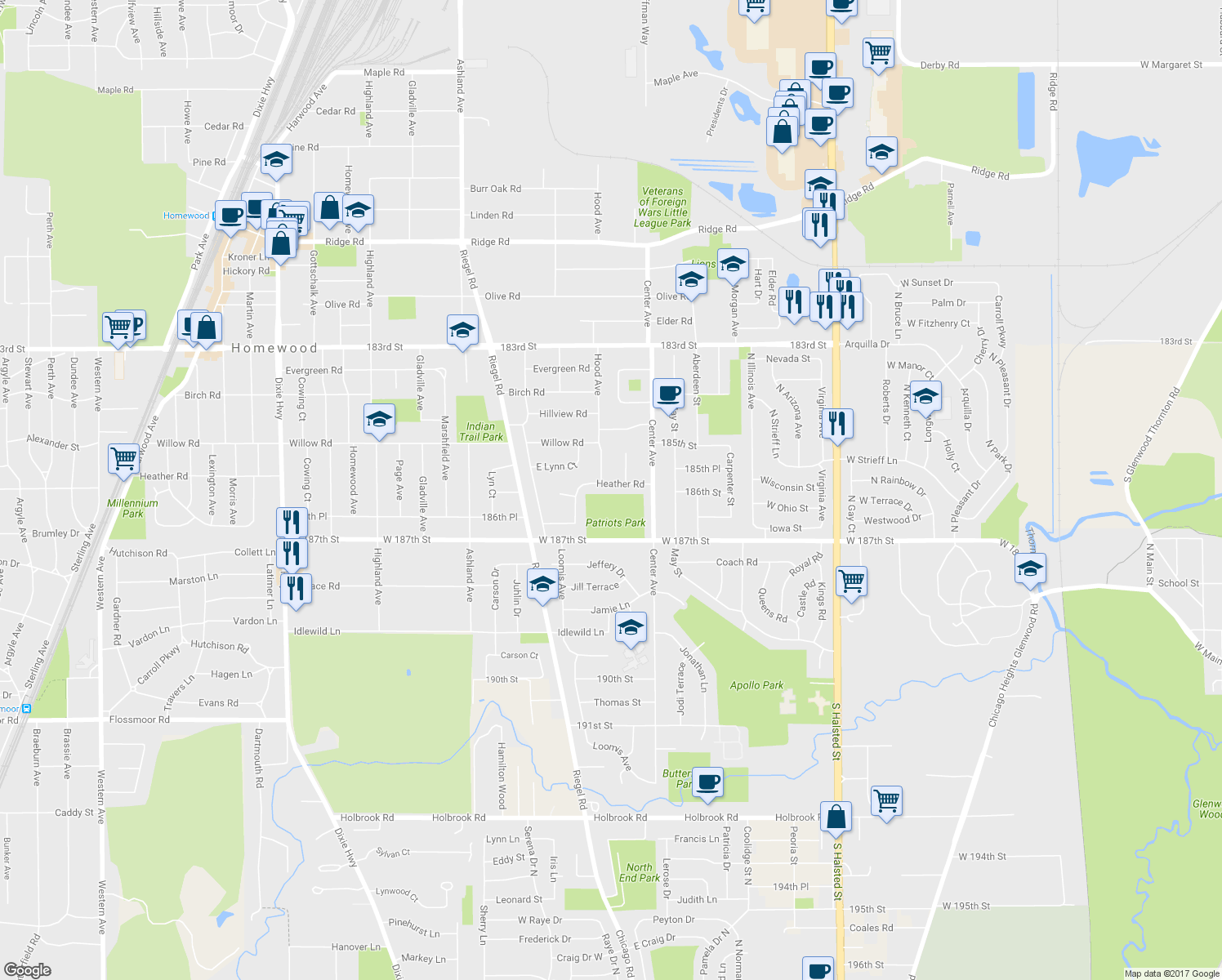 map of restaurants, bars, coffee shops, grocery stores, and more near 1247 Heather Road in Homewood