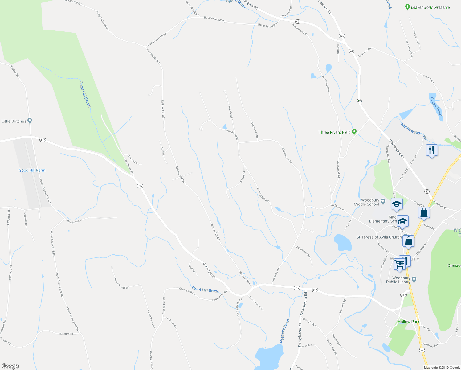 map of restaurants, bars, coffee shops, grocery stores, and more near 38 North Forty Road in Woodbury