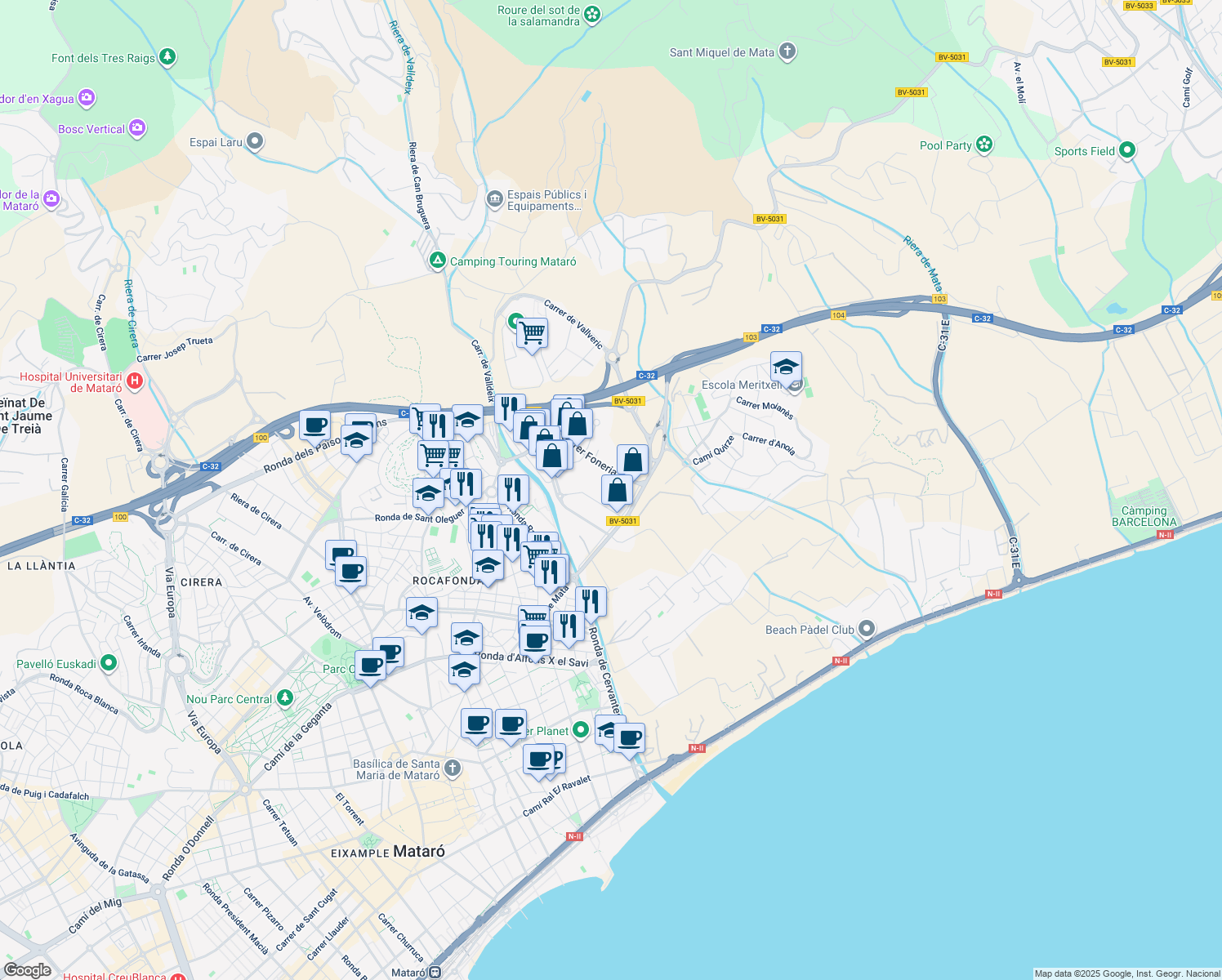 map of restaurants, bars, coffee shops, grocery stores, and more near 15 Carrer Foneria in Mataró