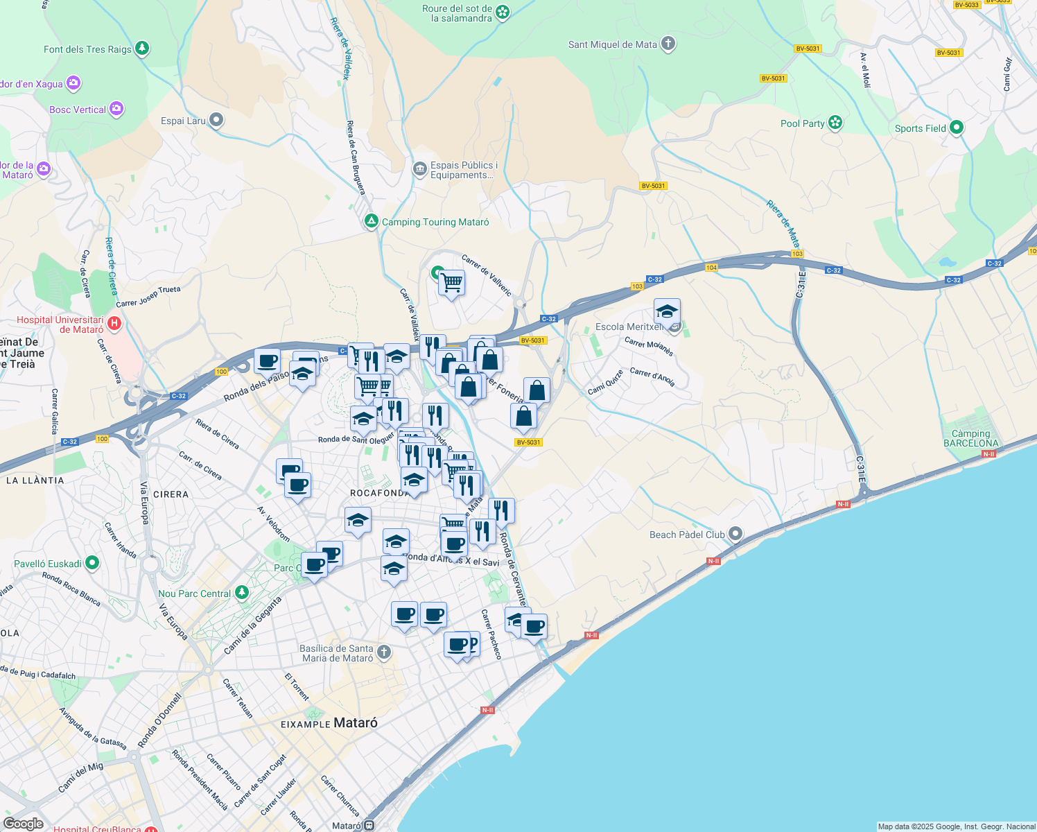 map of restaurants, bars, coffee shops, grocery stores, and more near 15 Carrer Foneria in Mataró