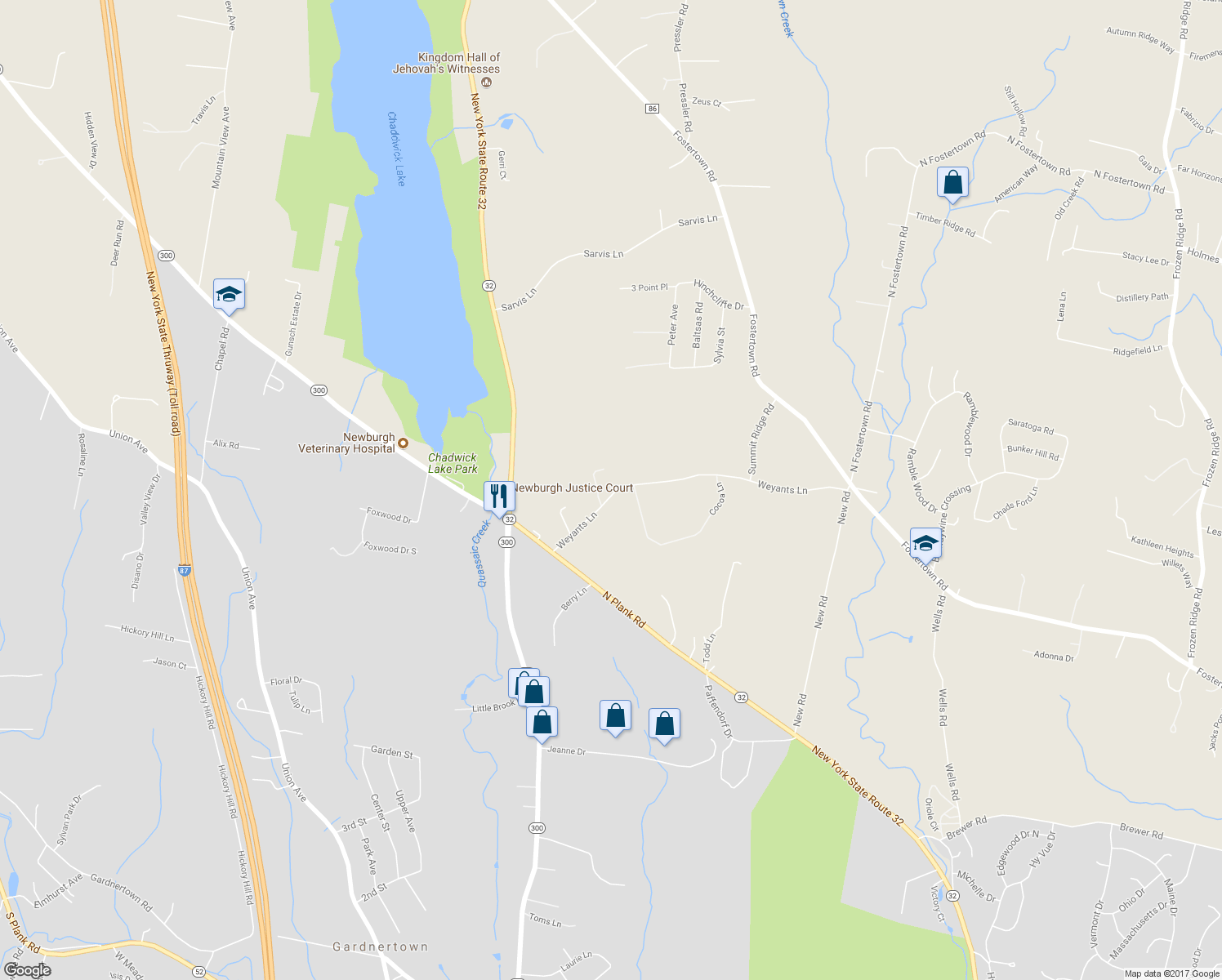 map of restaurants, bars, coffee shops, grocery stores, and more near 47 Weyants Lane in Newburgh