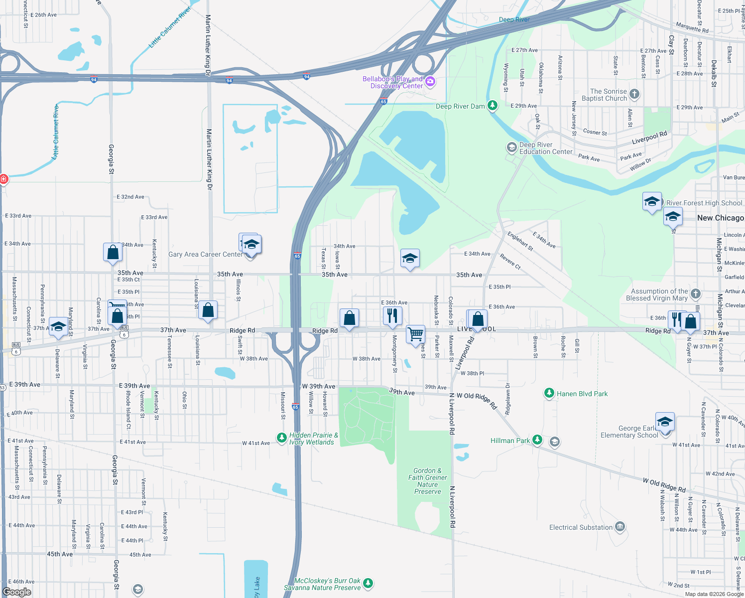 map of restaurants, bars, coffee shops, grocery stores, and more near 2616 E 36th Ave in Gary