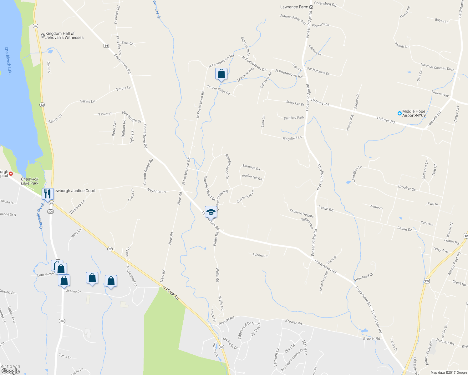 map of restaurants, bars, coffee shops, grocery stores, and more near 21 Brandywine Crossing in Newburgh