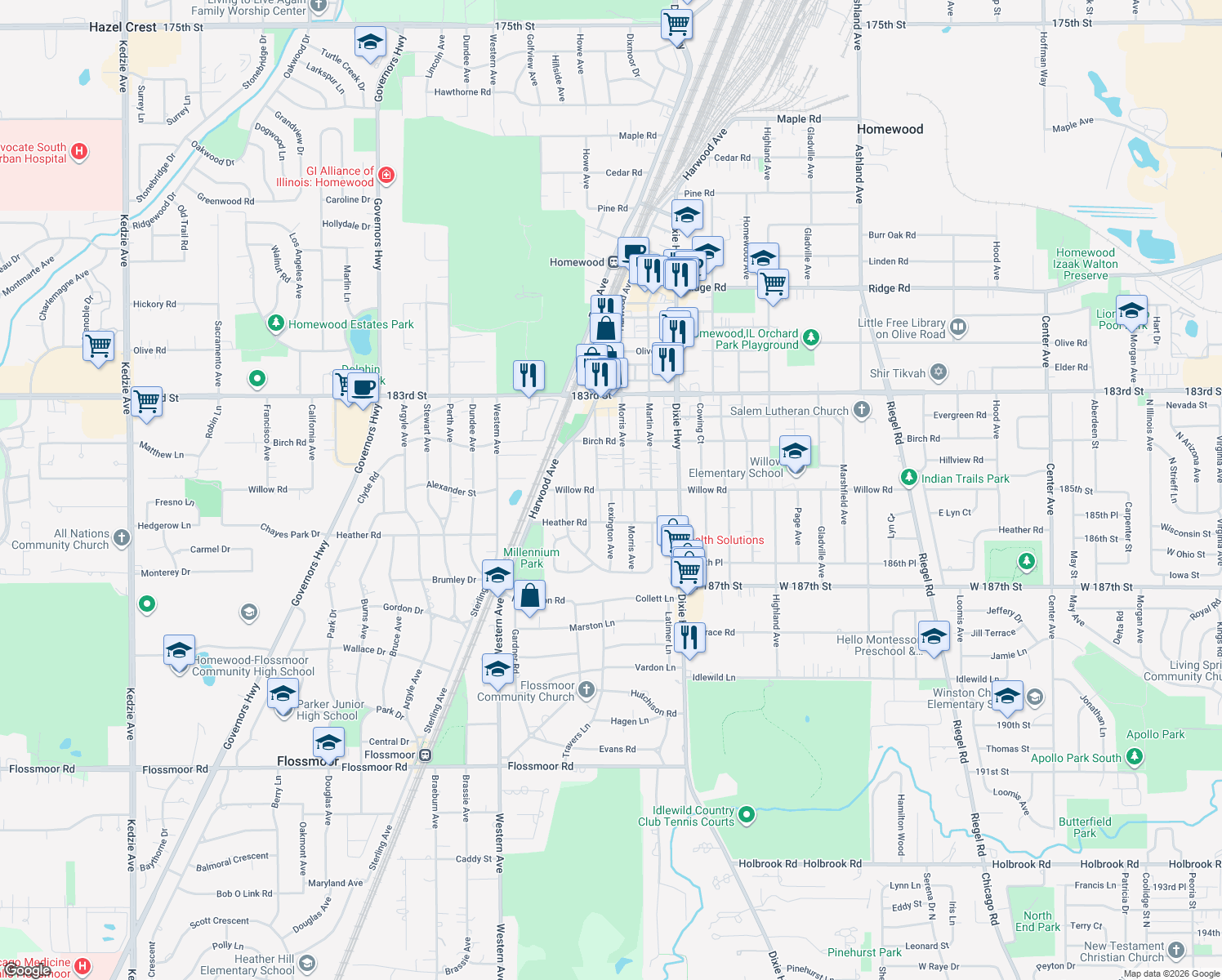 map of restaurants, bars, coffee shops, grocery stores, and more near Willow Road in Homewood