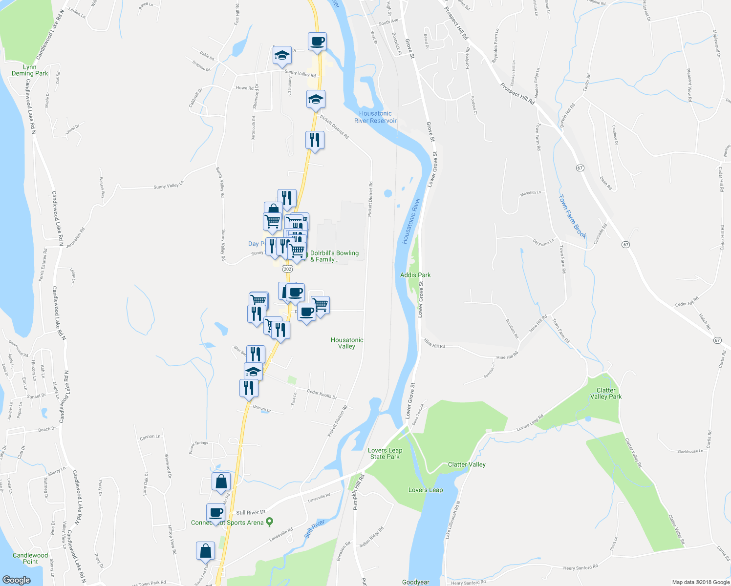 map of restaurants, bars, coffee shops, grocery stores, and more near 83 Pickett District Road in New Milford