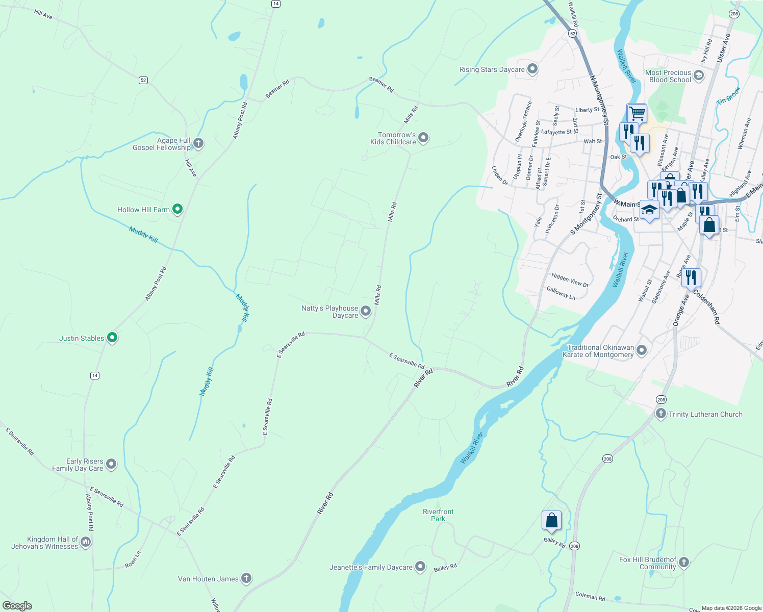 map of restaurants, bars, coffee shops, grocery stores, and more near 190 Mills Road in Walden