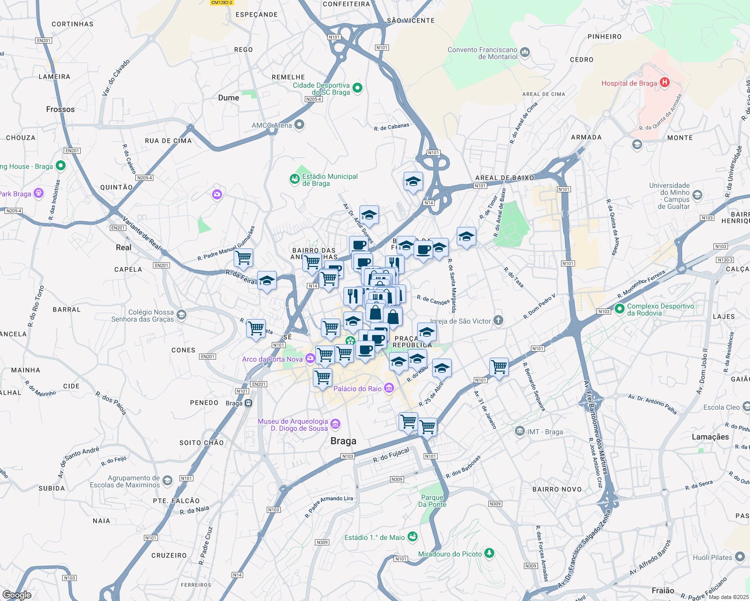 map of restaurants, bars, coffee shops, grocery stores, and more near 36 Praça Alexandre Herculano in Braga