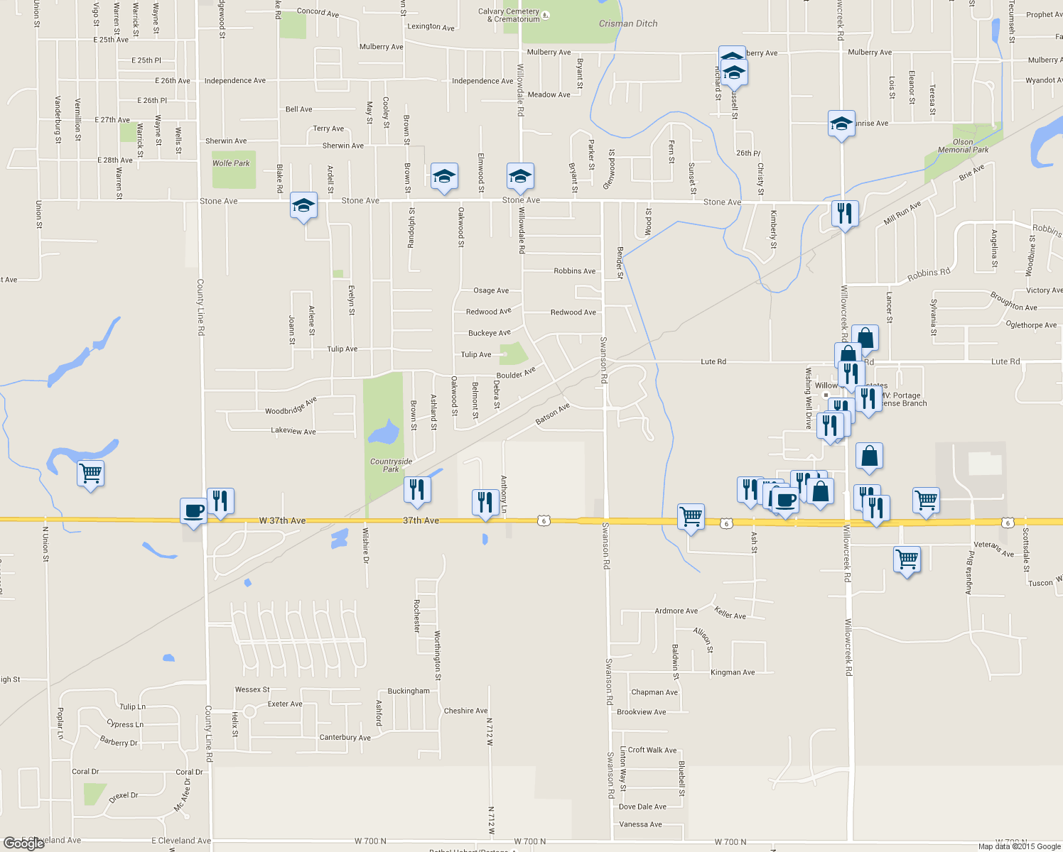 map of restaurants, bars, coffee shops, grocery stores, and more near Baston Avenue in Portage