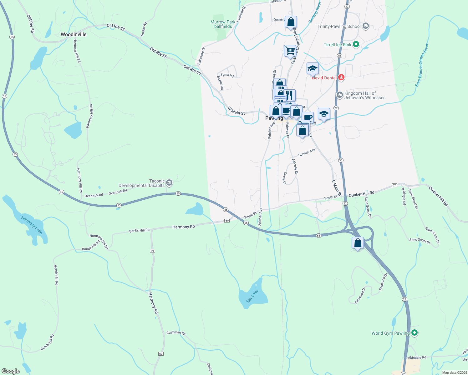 map of restaurants, bars, coffee shops, grocery stores, and more near 36 Valley View Ln in Pawling