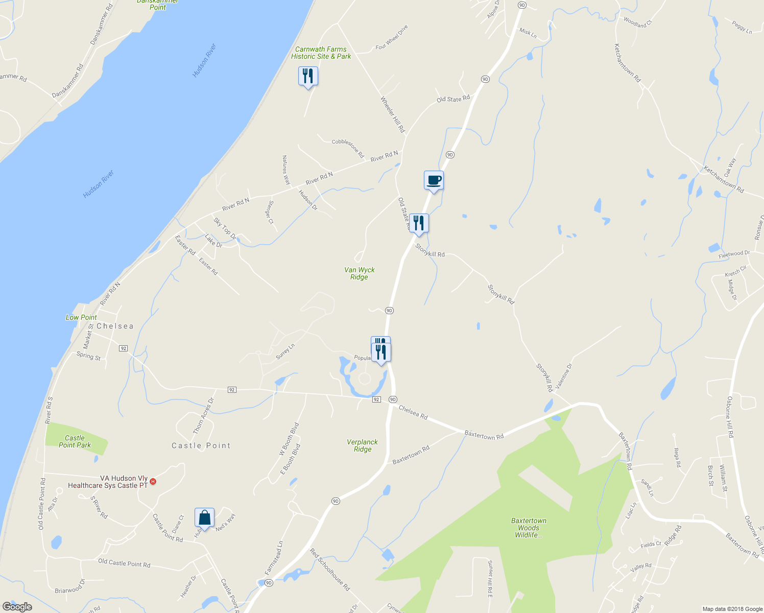 map of restaurants, bars, coffee shops, grocery stores, and more near 2 Country Club Lane in Wappingers Falls