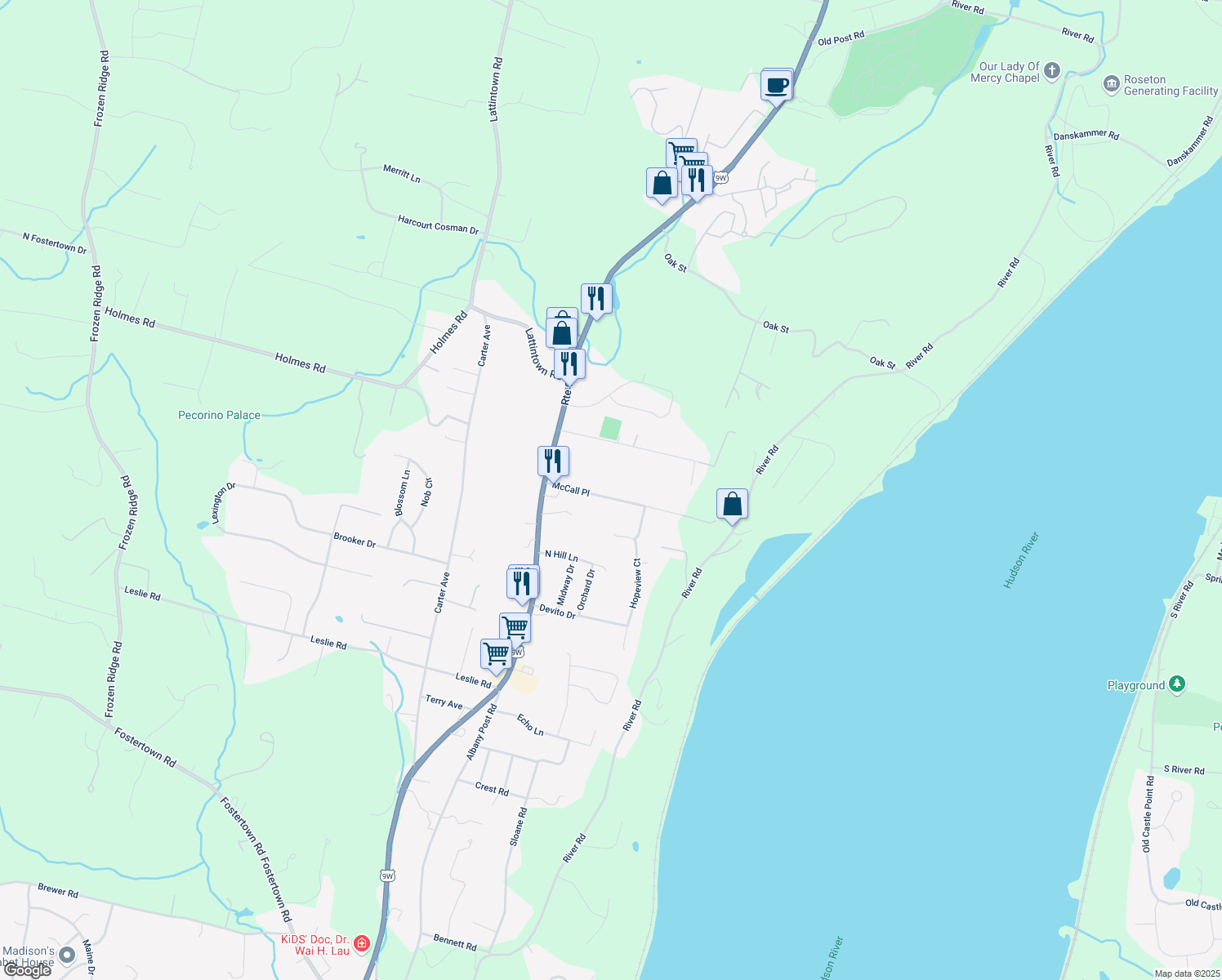 map of restaurants, bars, coffee shops, grocery stores, and more near 25 McCall Place in Newburgh