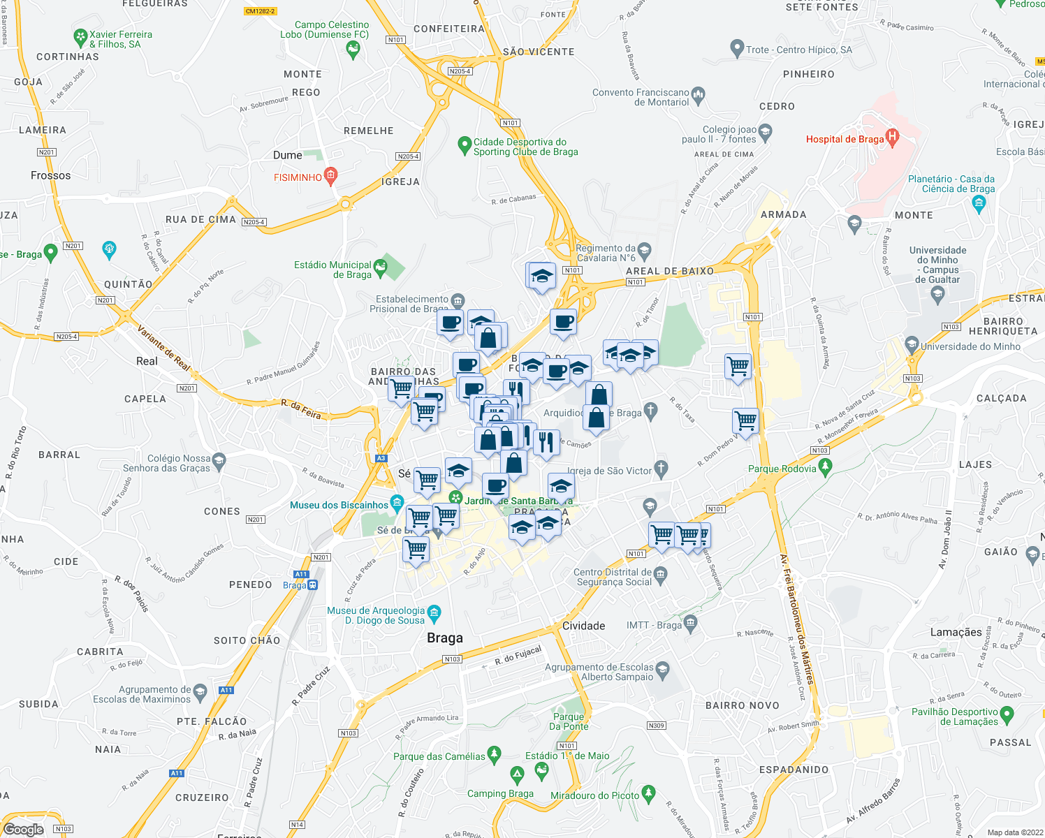 map of restaurants, bars, coffee shops, grocery stores, and more near 161 Rua Doutor Domingos Soares in Braga