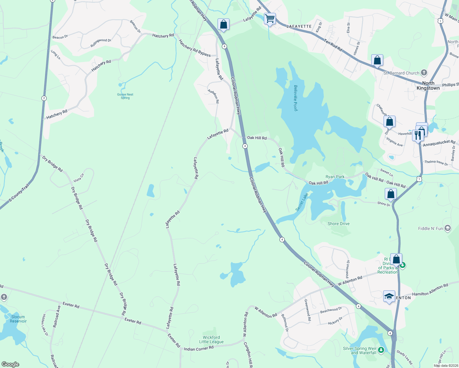 map of restaurants, bars, coffee shops, grocery stores, and more near 157 Hideaway Lane in North Kingstown