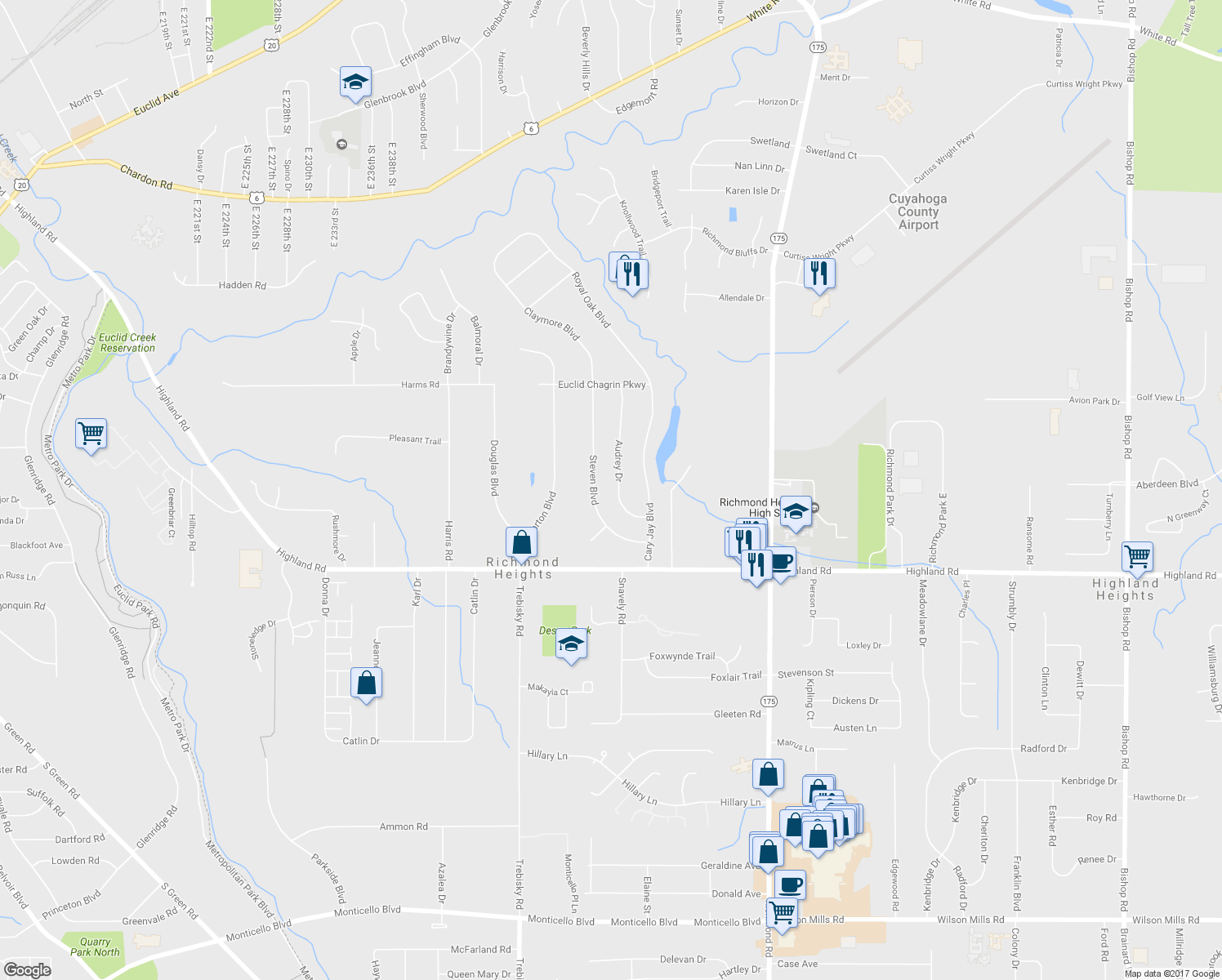 map of restaurants, bars, coffee shops, grocery stores, and more near 428 Audrey Drive in Richmond Heights