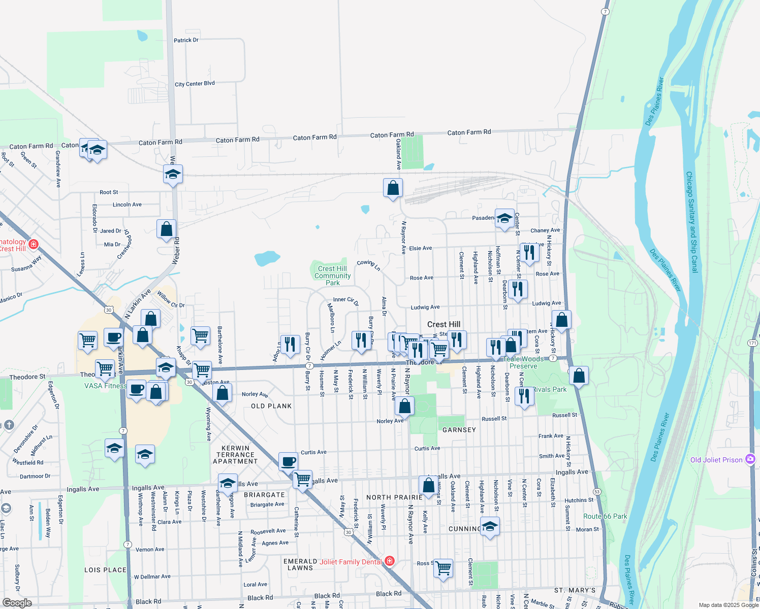 map of restaurants, bars, coffee shops, grocery stores, and more near 1803 Alma Dr in Crest Hill