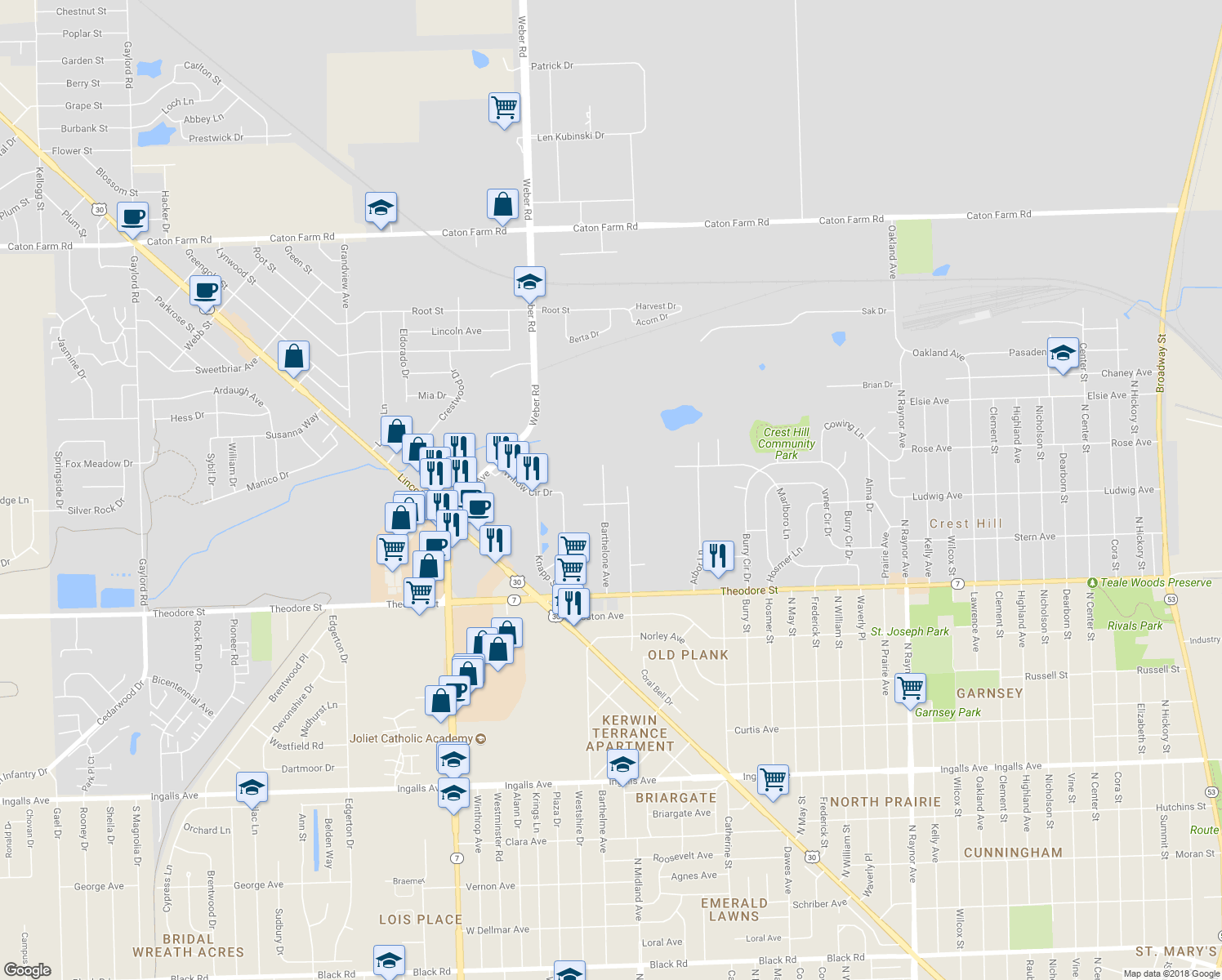 map of restaurants, bars, coffee shops, grocery stores, and more near 1808 Barthelone Avenue in Crest Hill