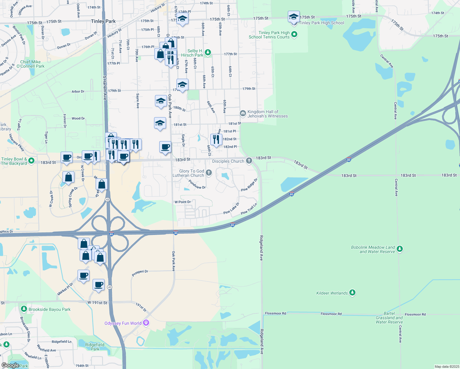 map of restaurants, bars, coffee shops, grocery stores, and more near 18416 Pine Lake Dr in Tinley Park