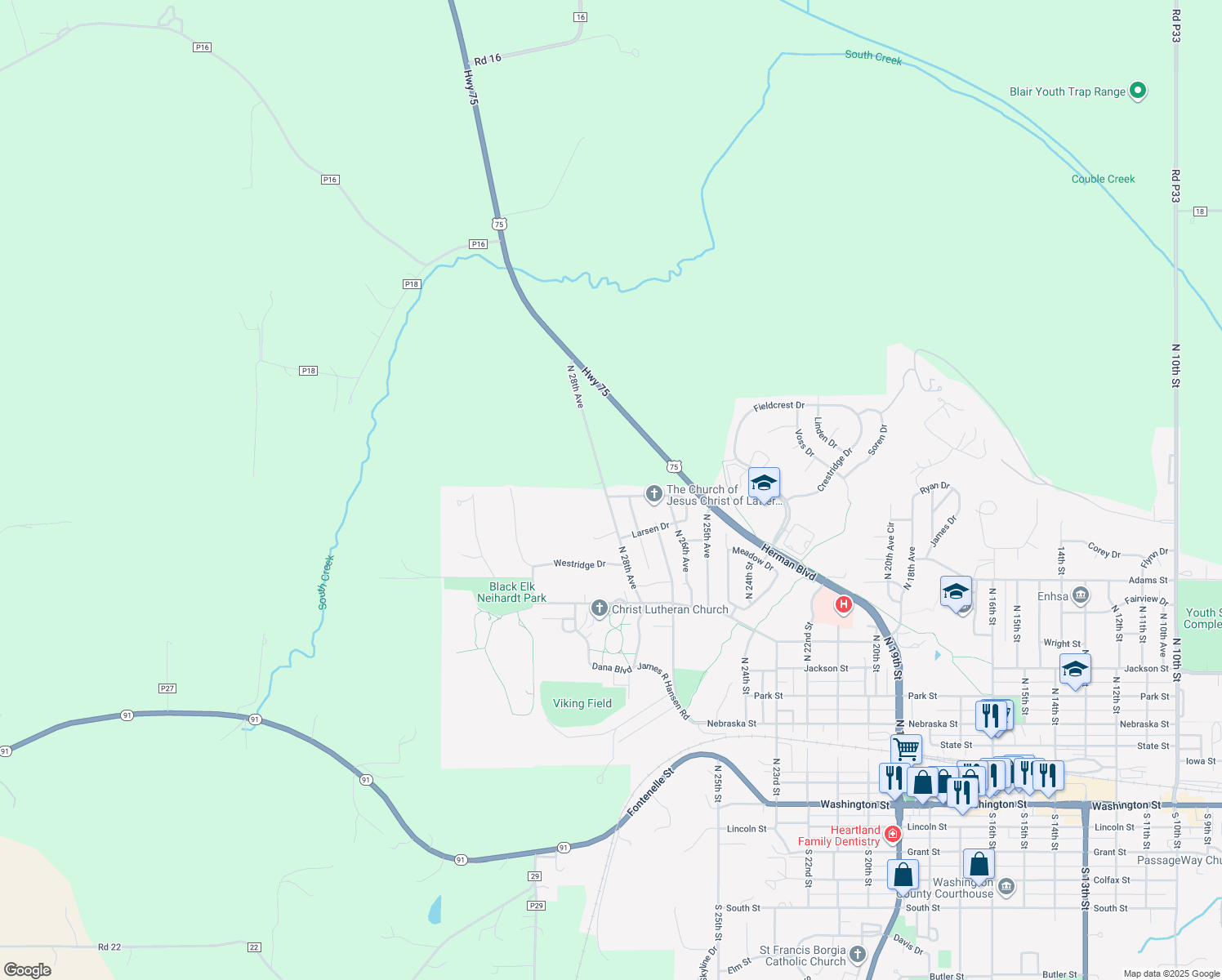 map of restaurants, bars, coffee shops, grocery stores, and more near 1136 North 28th Avenue in Blair