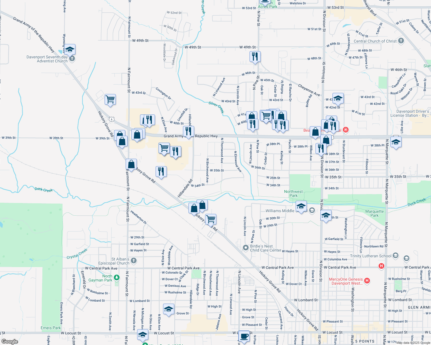 map of restaurants, bars, coffee shops, grocery stores, and more near 2723 W 35th St in Davenport