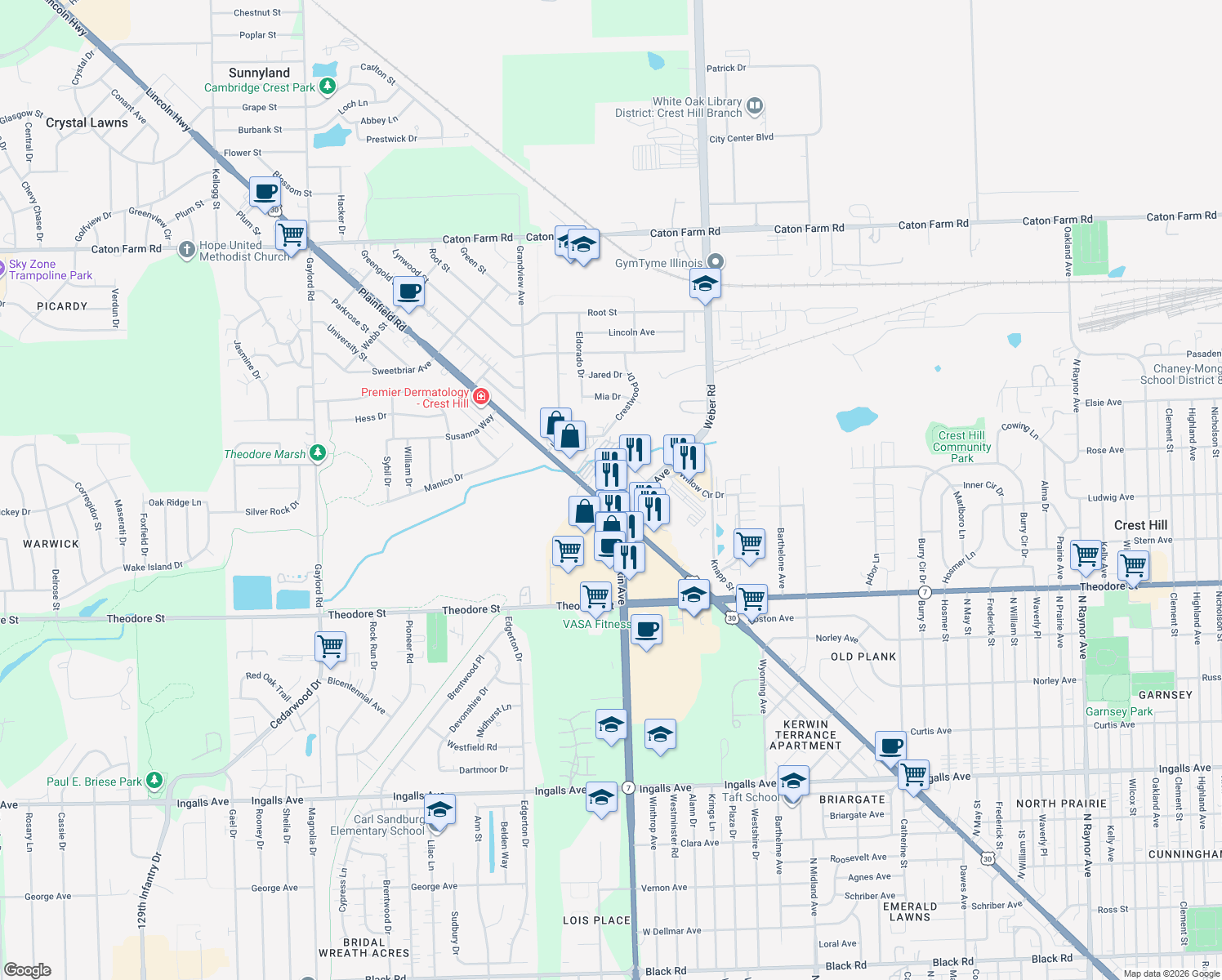 map of restaurants, bars, coffee shops, grocery stores, and more near 1820 Plainfield Rd in Crest Hill