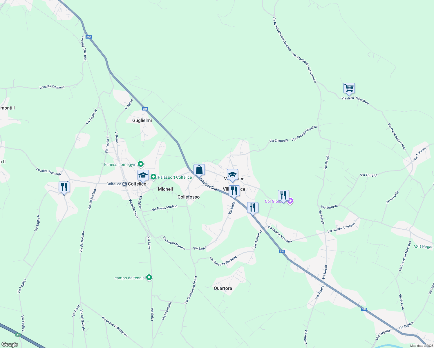 map of restaurants, bars, coffee shops, grocery stores, and more near 5 Via Bernardo Belli in Provincia di Frosinone