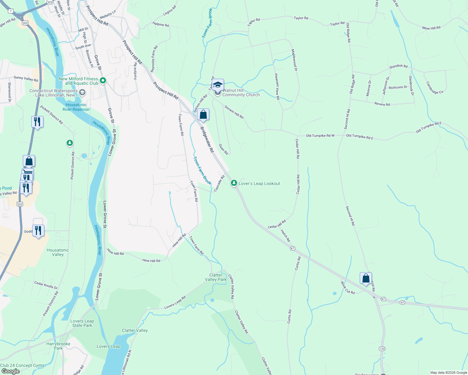 map of restaurants, bars, coffee shops, grocery stores, and more near 275-285 New Milford Road West in Bridgewater