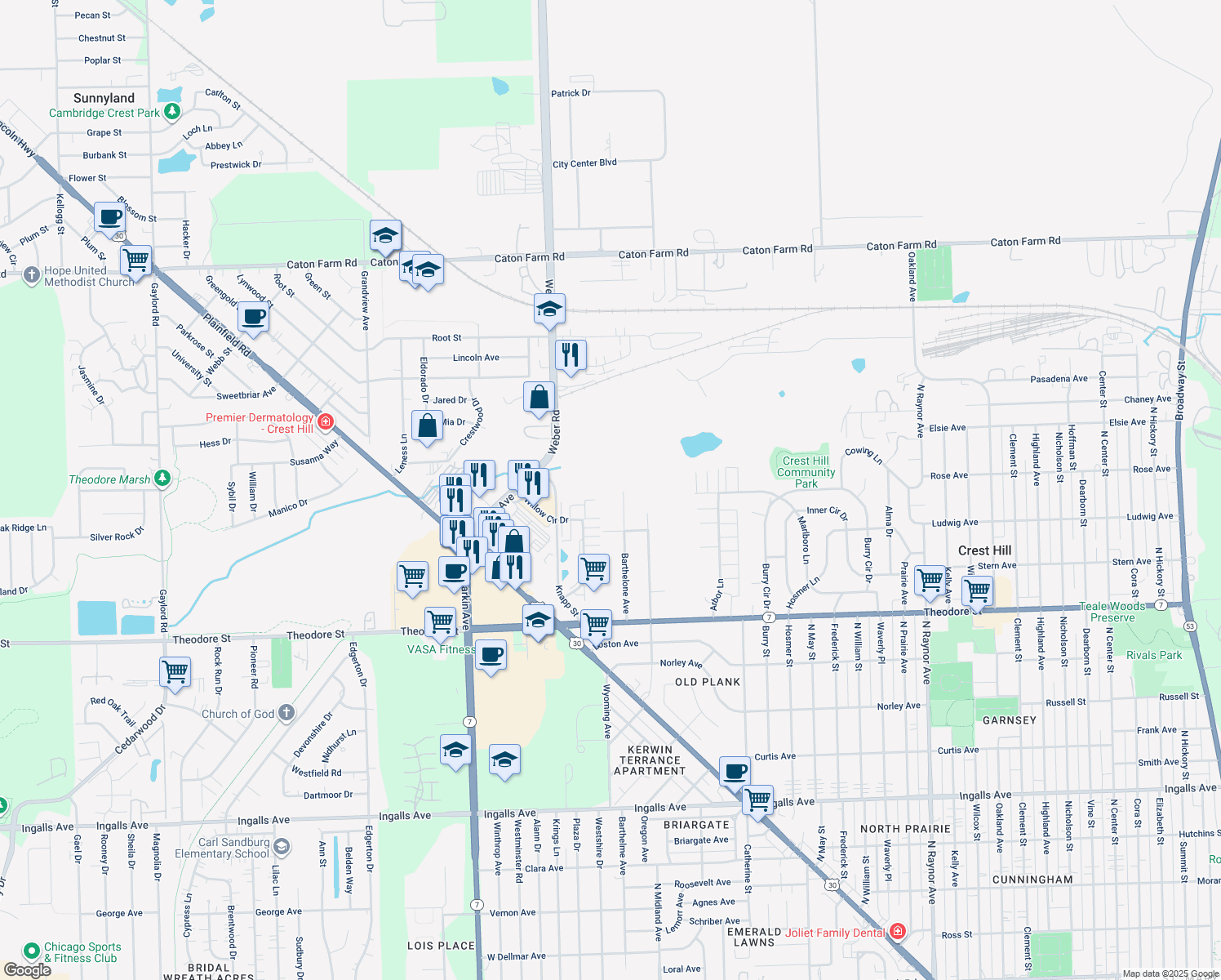 map of restaurants, bars, coffee shops, grocery stores, and more near 1829 Barthelone Avenue in Crest Hill