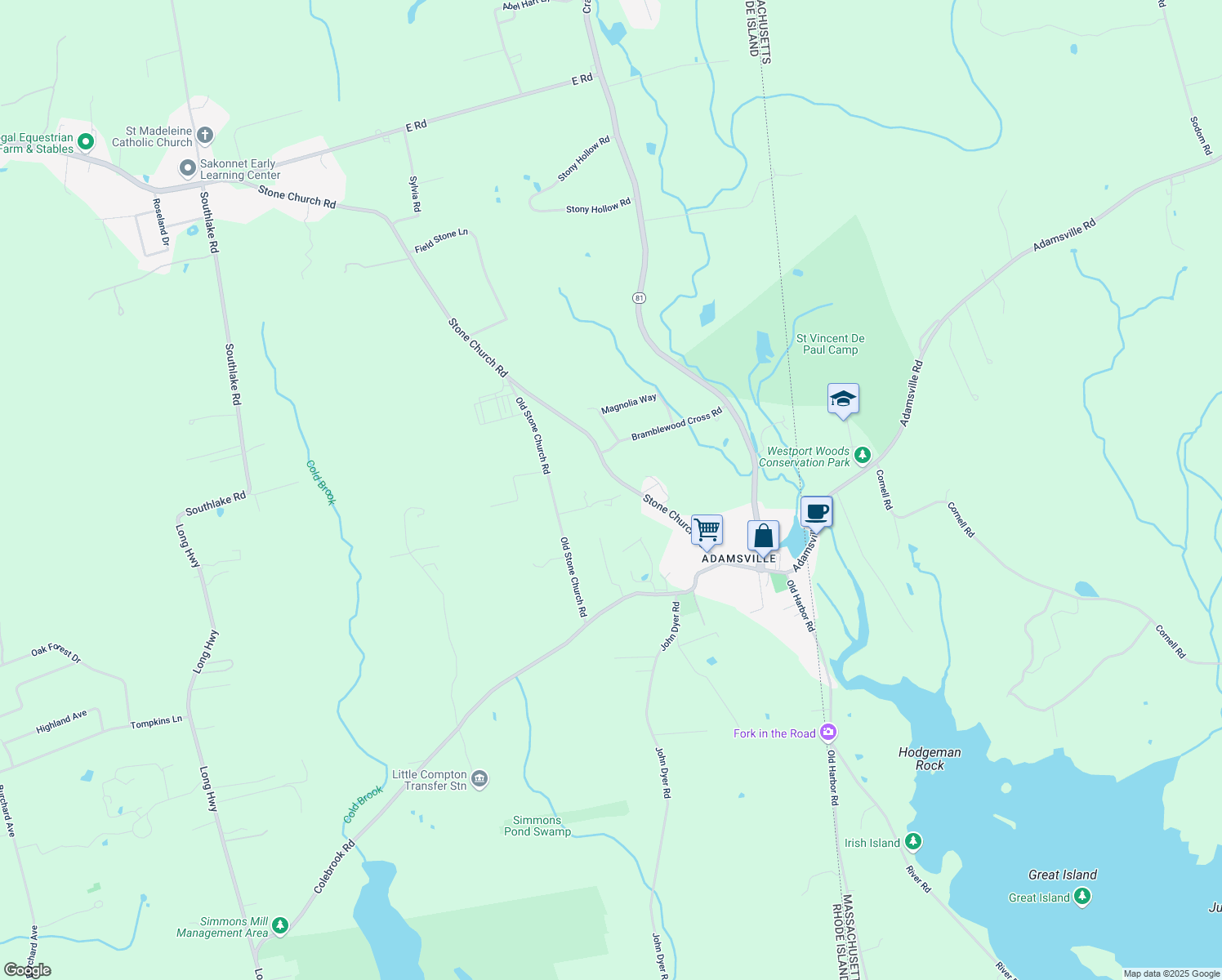 map of restaurants, bars, coffee shops, grocery stores, and more near 37 Stone Church Rd in Little Compton