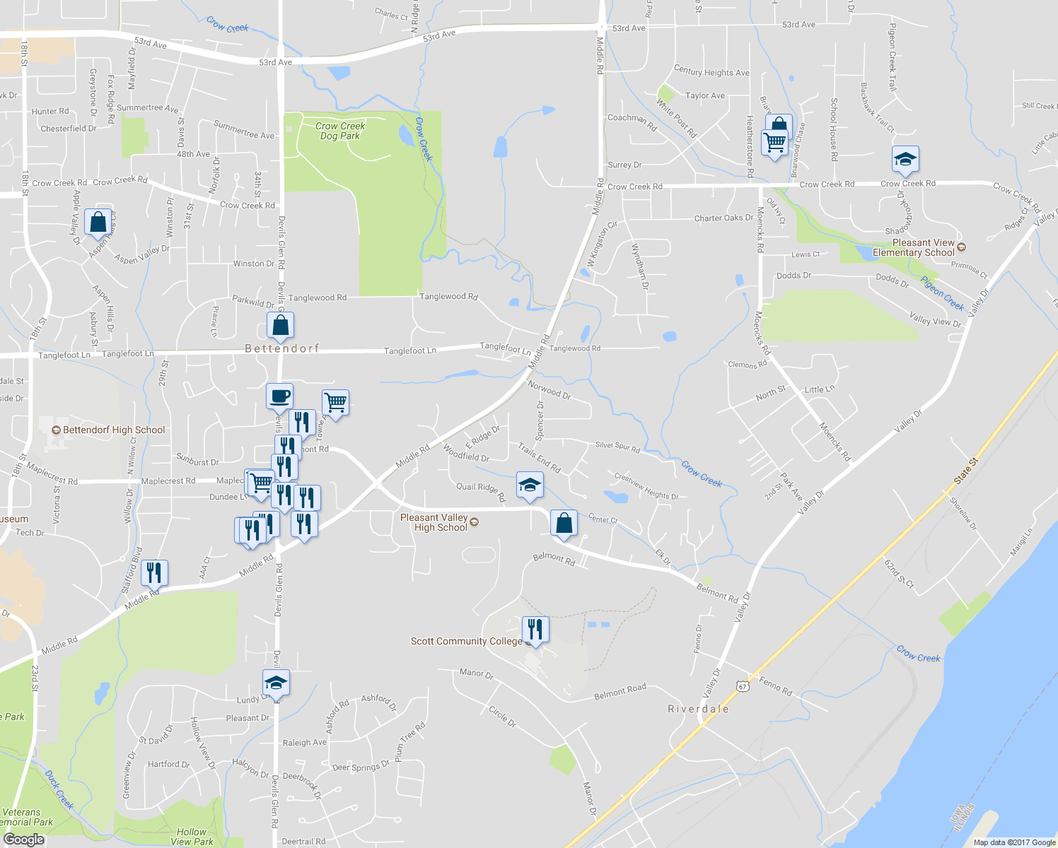 map of restaurants, bars, coffee shops, grocery stores, and more near 3400 Spencer Drive in Bettendorf