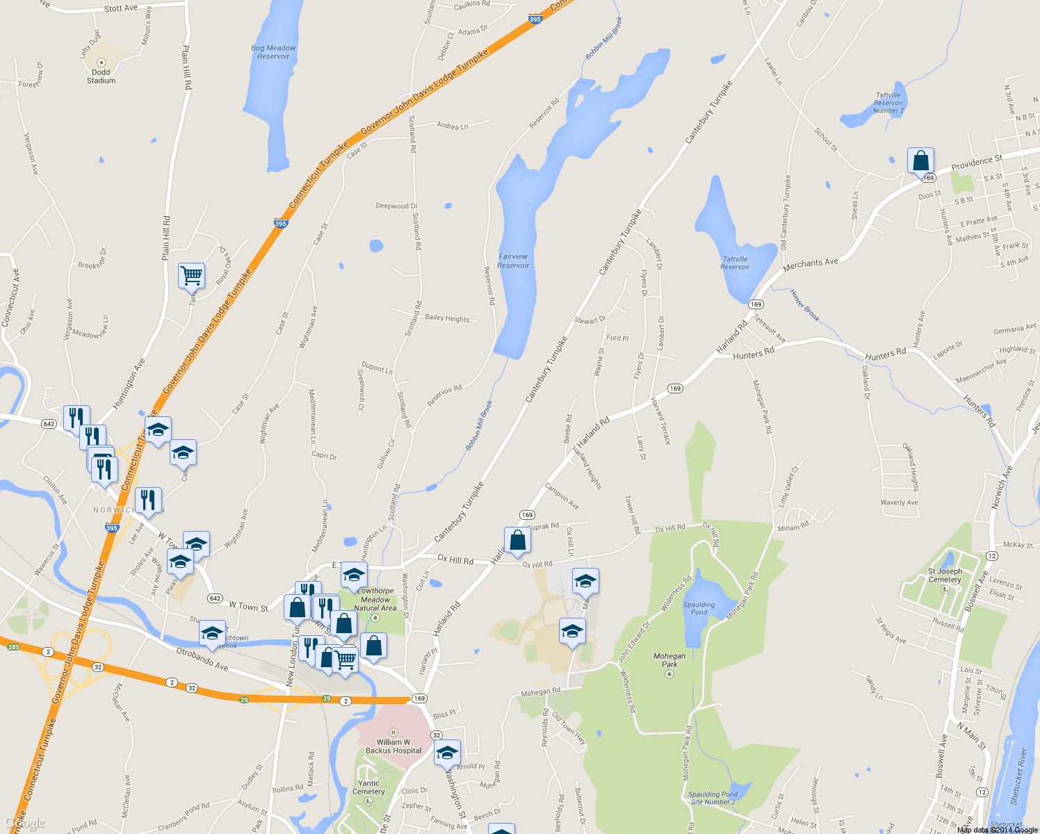 map of restaurants, bars, coffee shops, grocery stores, and more near 87 Canterbury Turnpike in Norwich