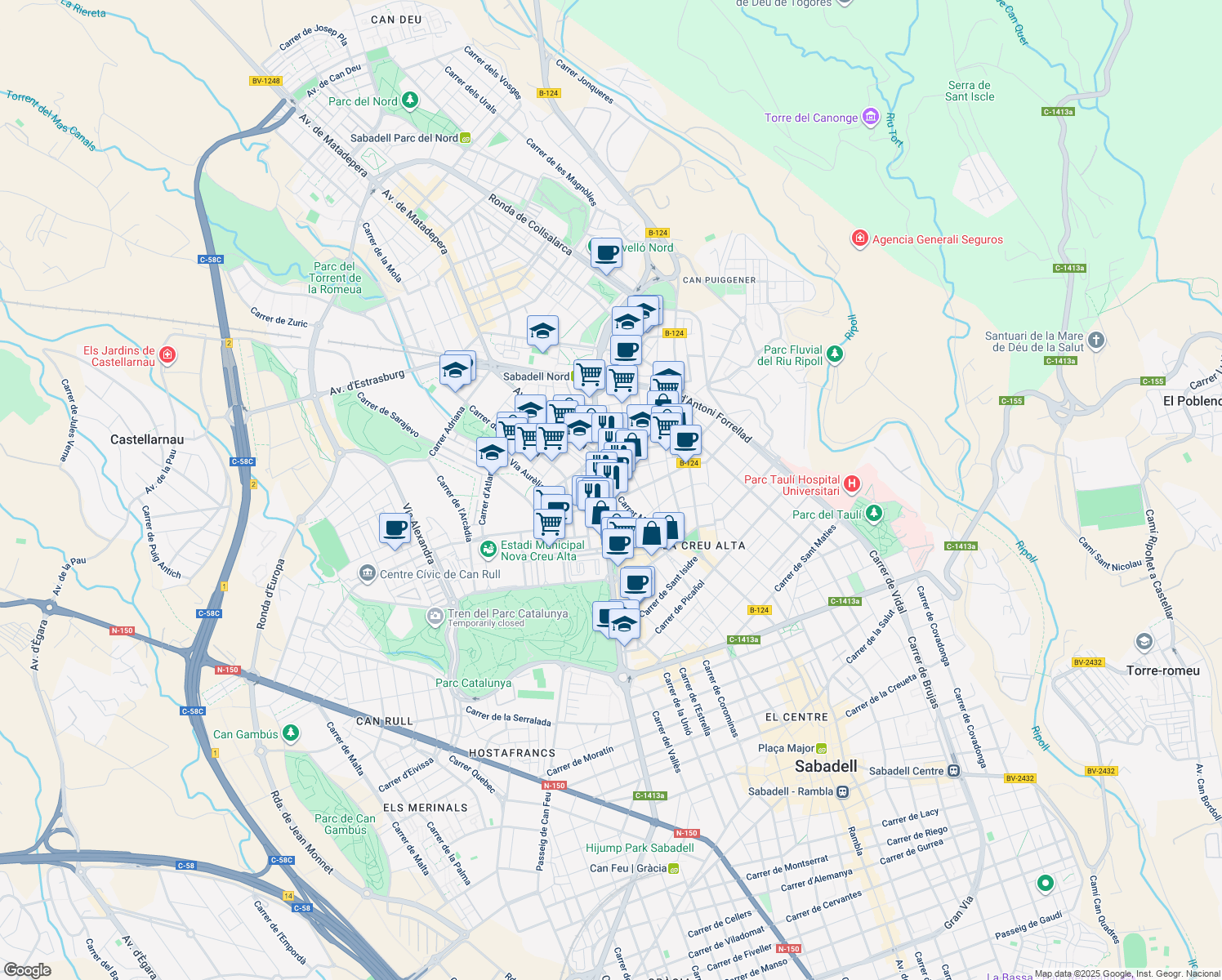 map of restaurants, bars, coffee shops, grocery stores, and more near in Sabadell