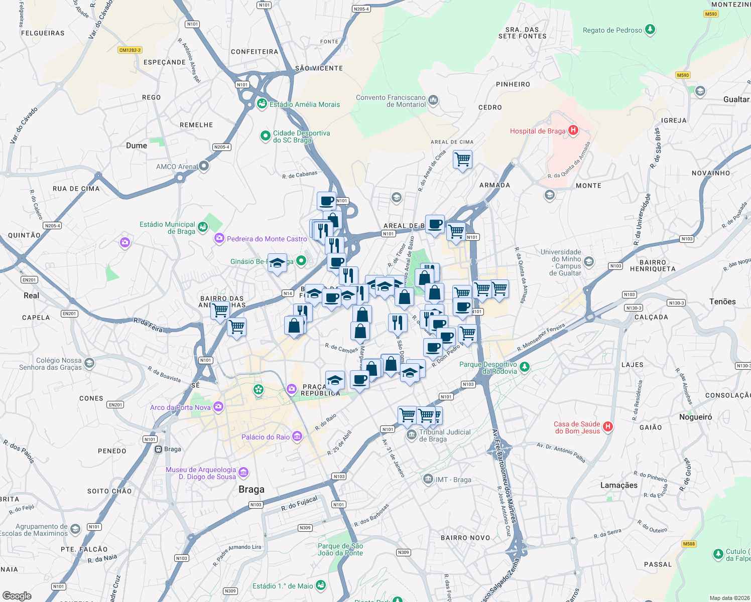 map of restaurants, bars, coffee shops, grocery stores, and more near 14 Rua Conselheiro Bento Miguel in Braga