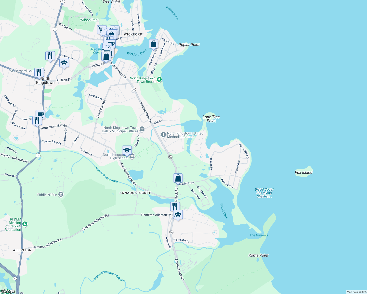 map of restaurants, bars, coffee shops, grocery stores, and more near 150 Duck Cove Road in North Kingstown