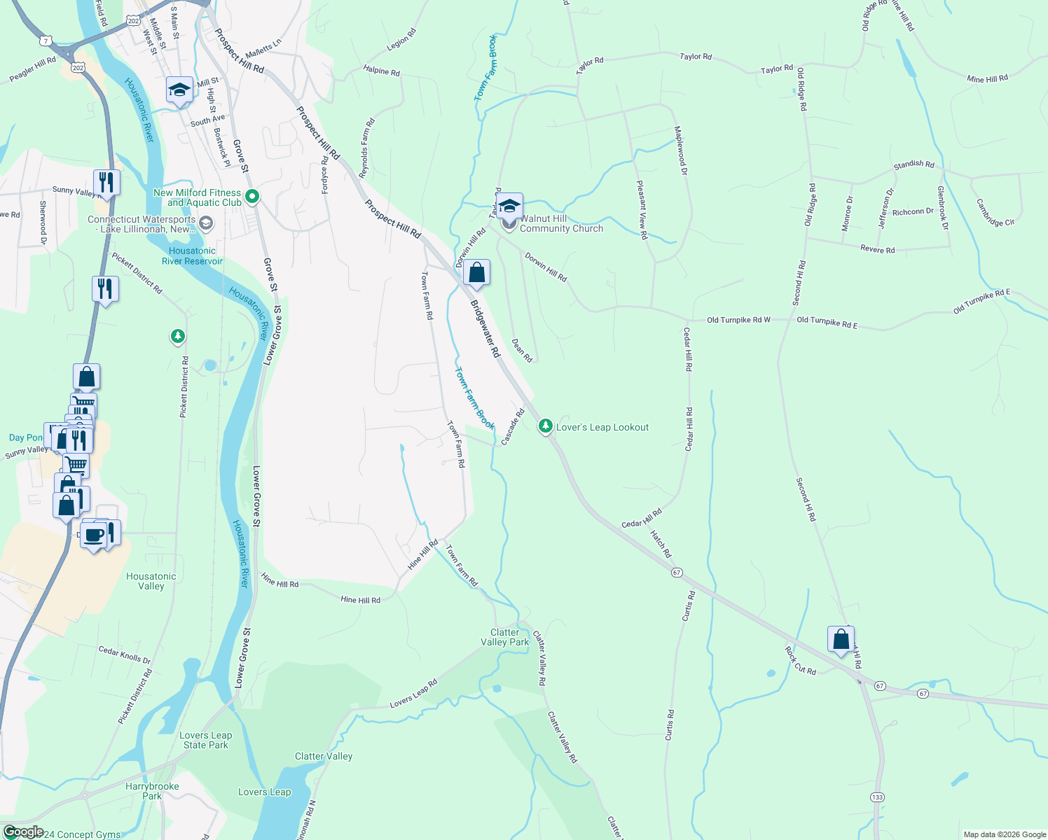 map of restaurants, bars, coffee shops, grocery stores, and more near 275-285 New Milford Road West in Bridgewater