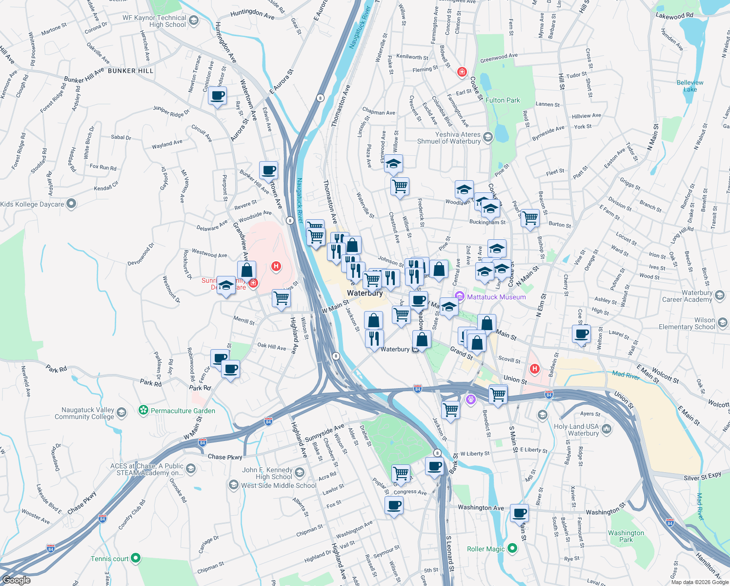 map of restaurants, bars, coffee shops, grocery stores, and more near in Waterbury