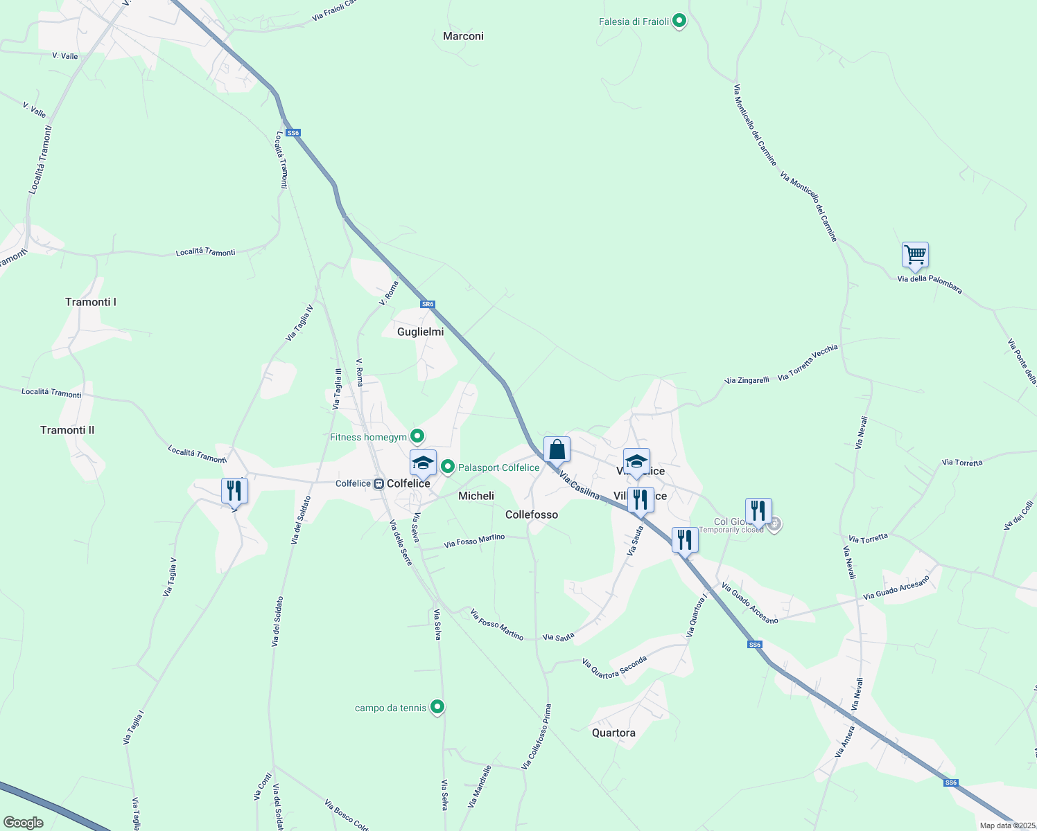 map of restaurants, bars, coffee shops, grocery stores, and more near Via Casilina in Provincia di Frosinone